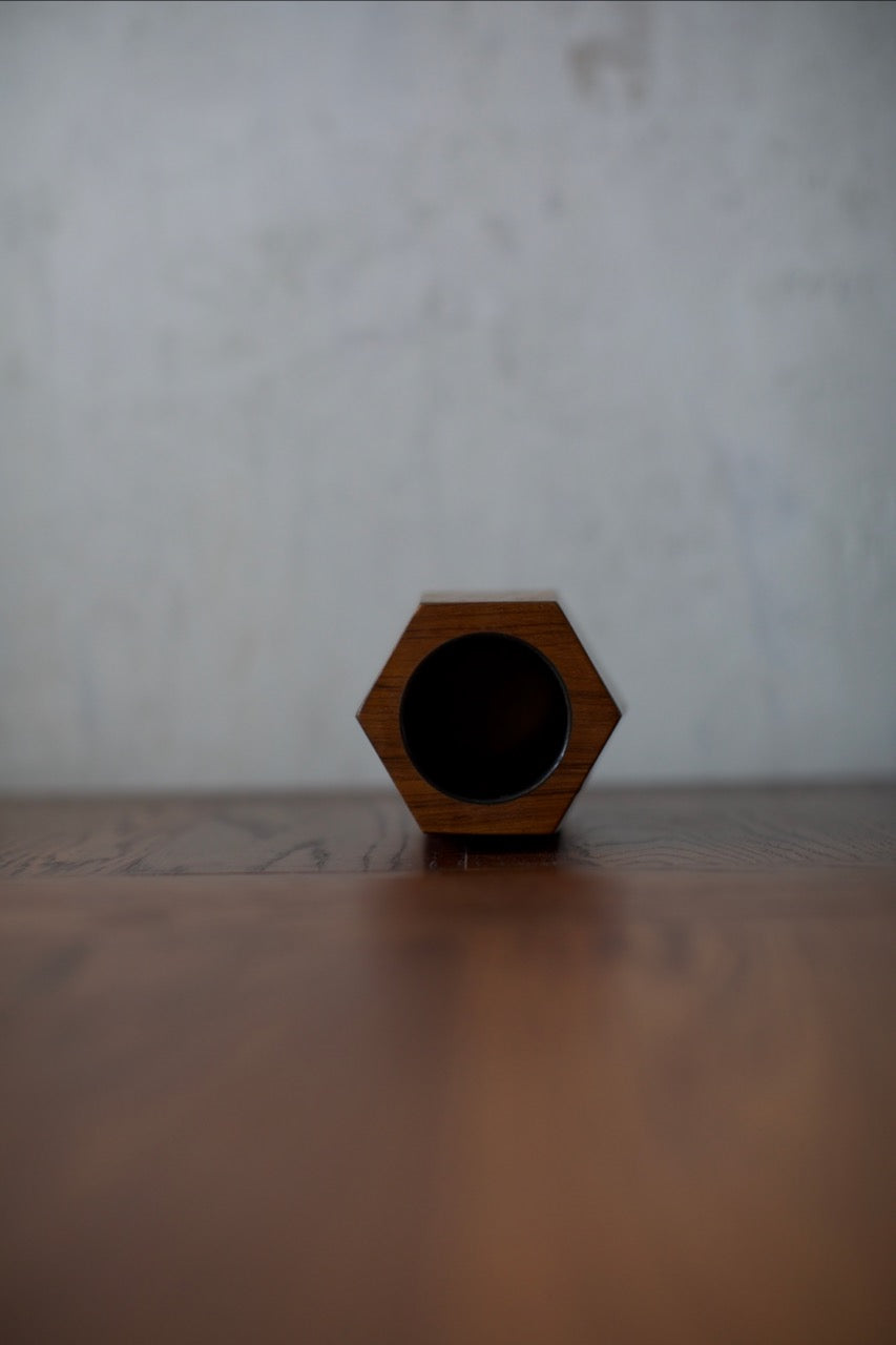 1960's Wooden Vase — top view of hexagonal wooden design