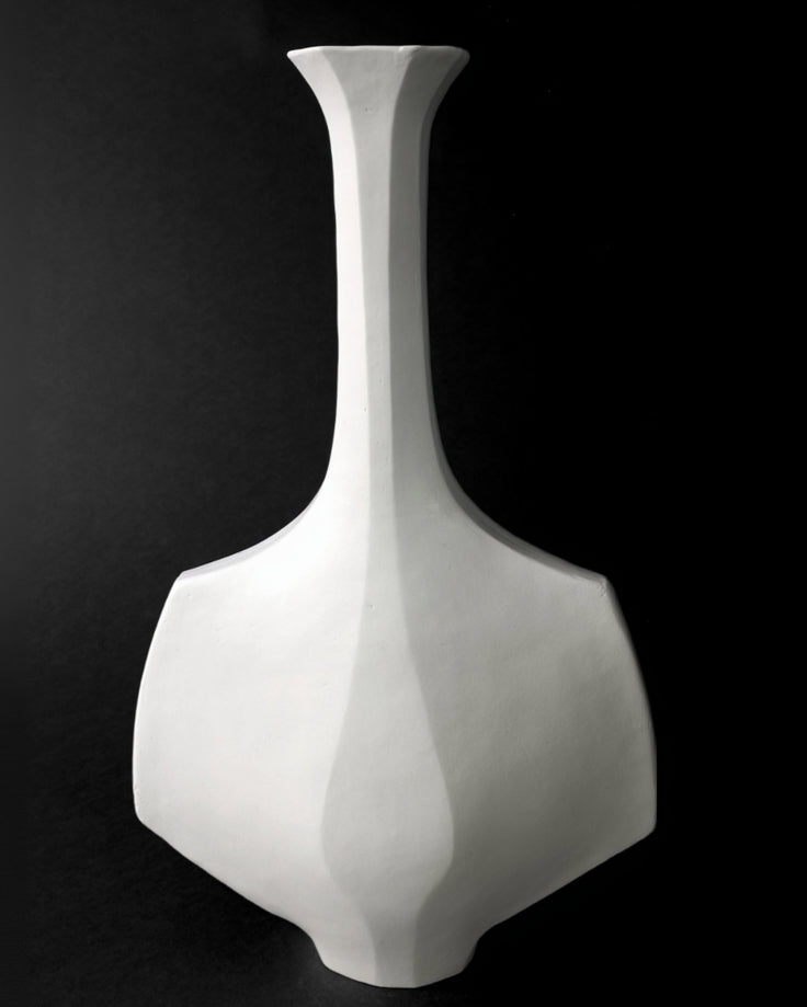 Mid-Century Modern Sculptural Vessel in White Stoneware – Small Hanè — close-up detail of smooth white stoneware surface