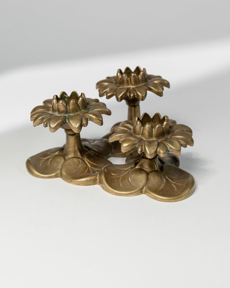 Vintage brass lotus flower candleholder set from 1930s