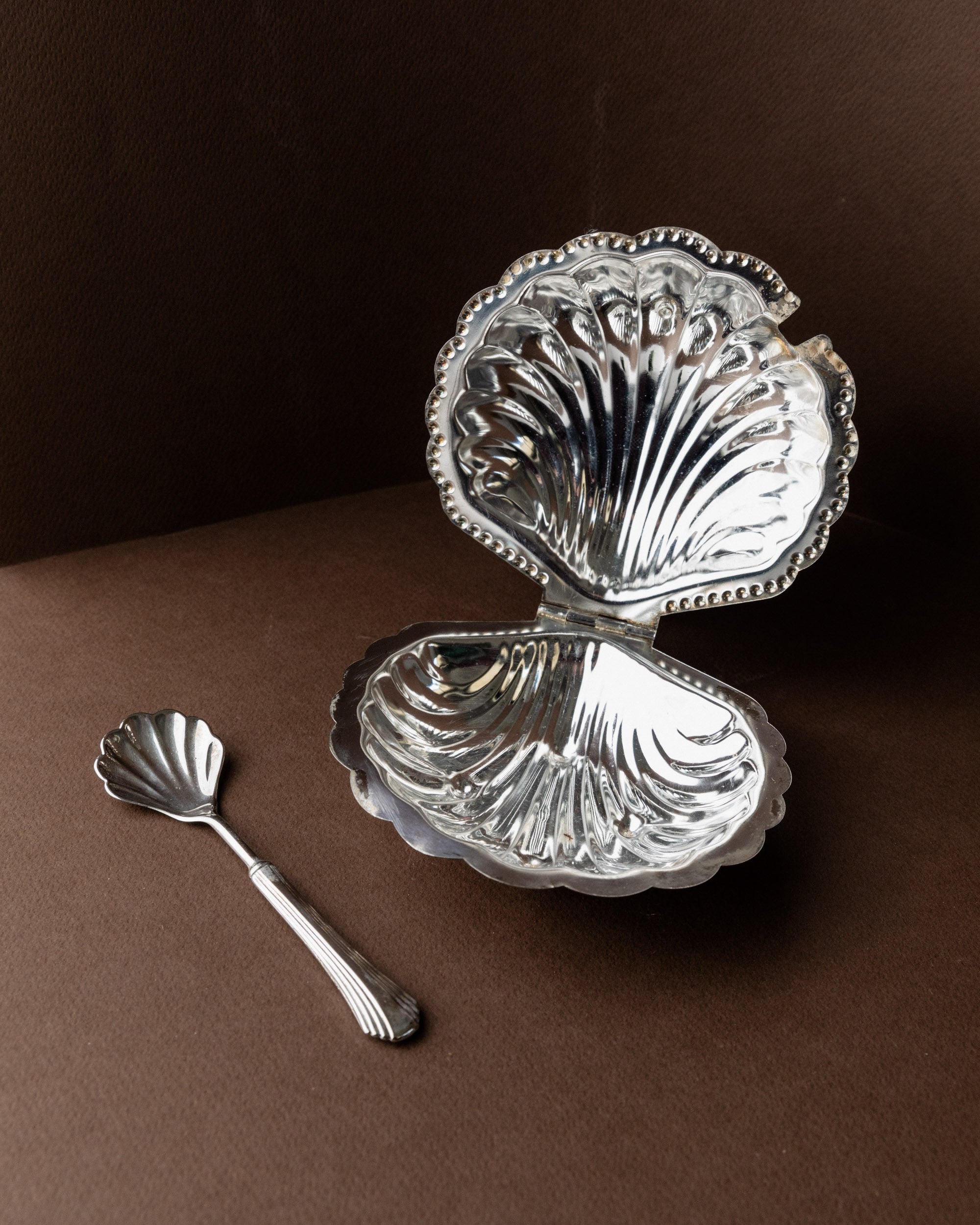 Shell-Shaped Sugar Bowl, Italy 1960s — open view with silver finish and spoon