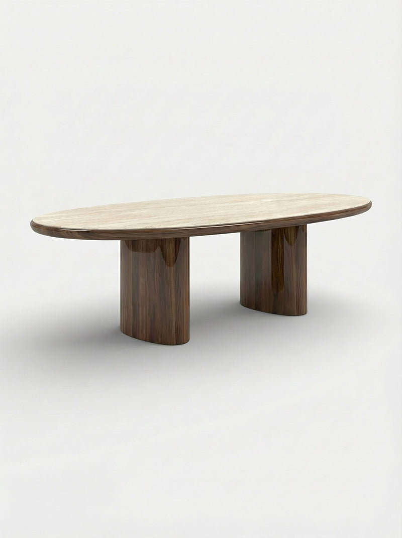 Carla Wood And Travertine Dining Table — detail view