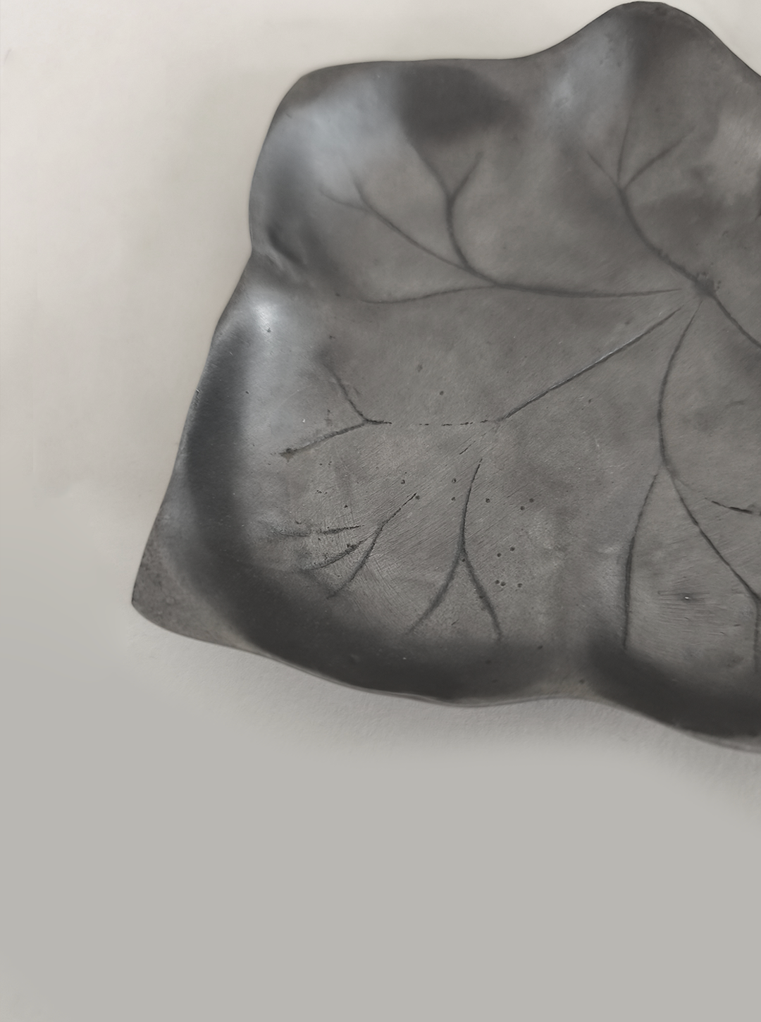 Pewter Leaf Vide Poche — top view of textured pewter dish