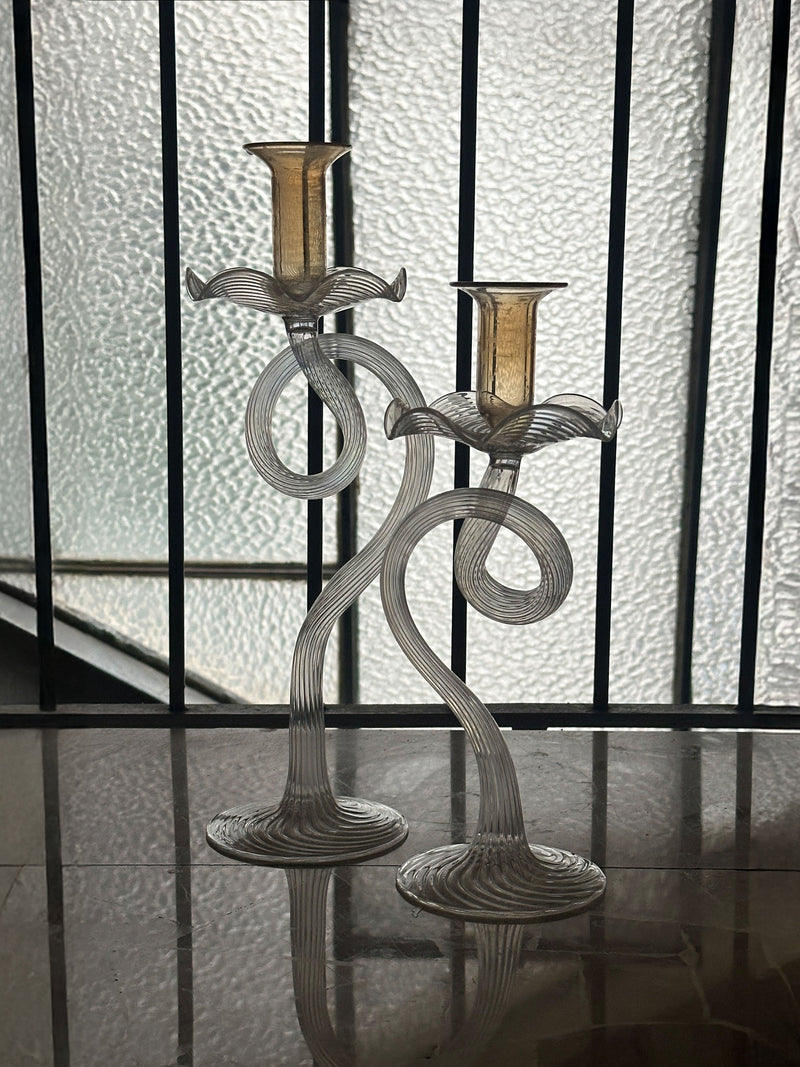 2 Handmade Murano Glass Candleholders by Dodo Vintage | The Oblist — clear glass, artisan design