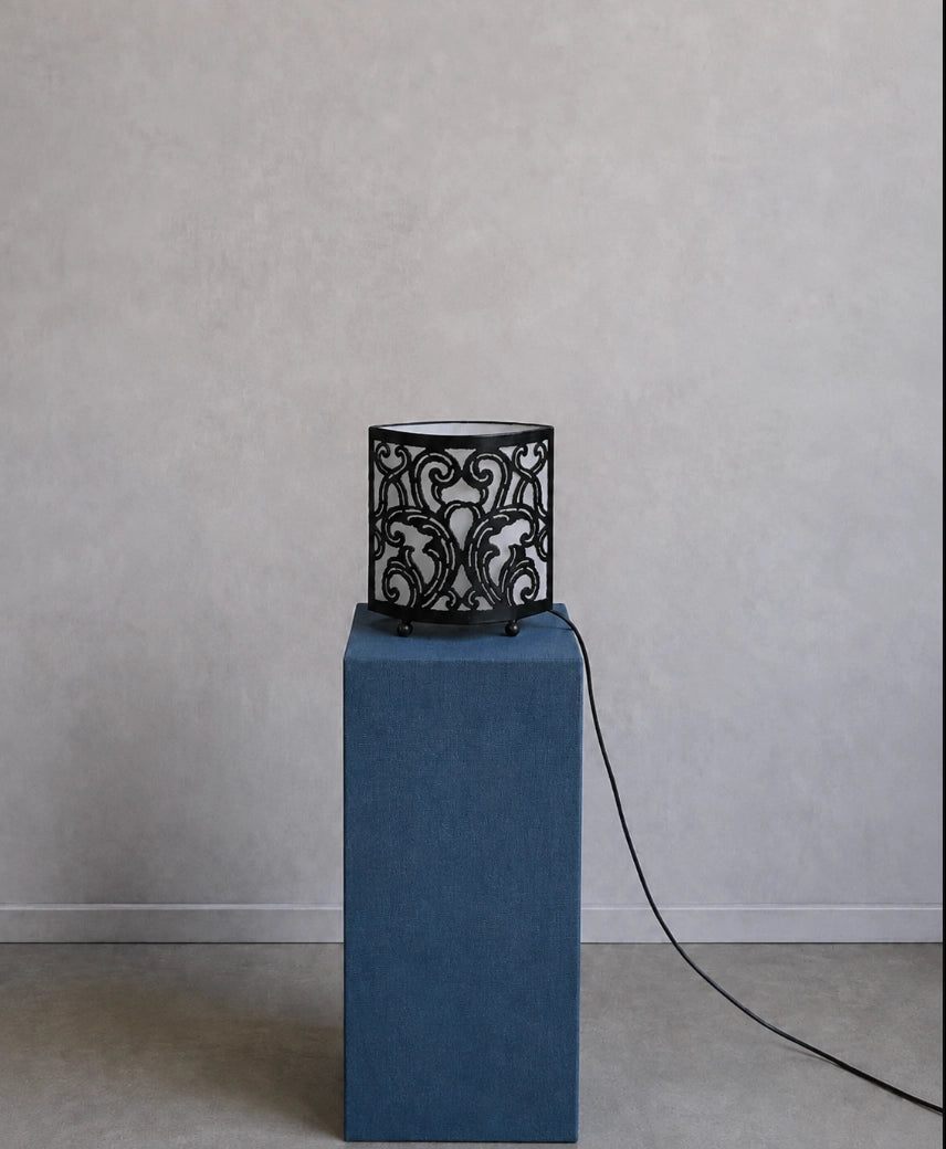 1970s French D-Shape Wrought Iron & Fabric Table Lamp by Blisse | The Oblist