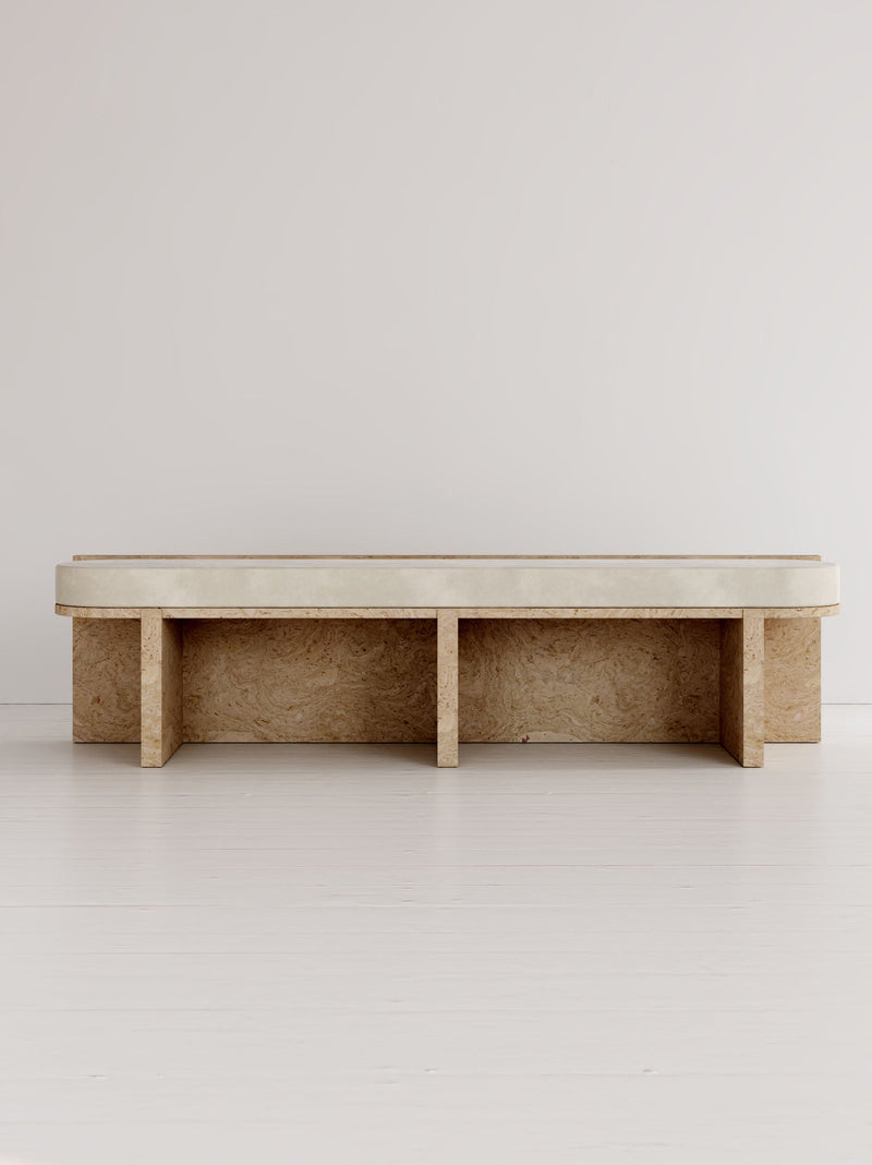 Meï 03' Bench — front view of light-colored wood structure