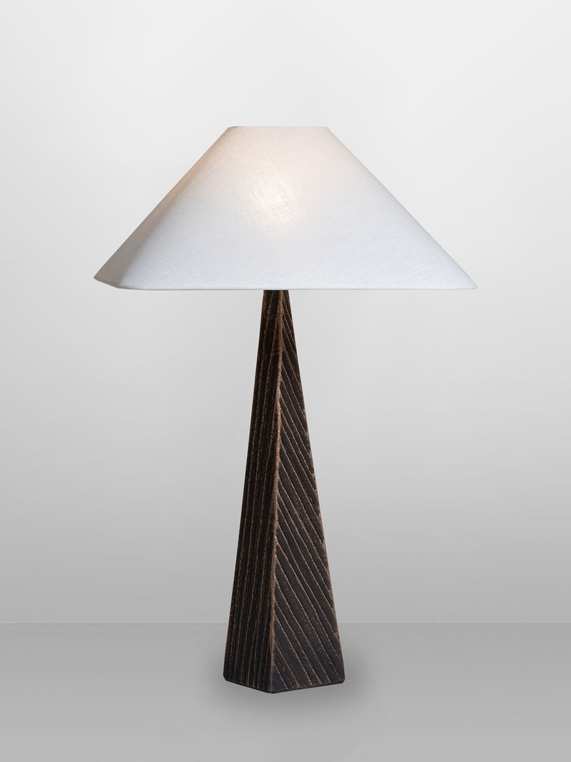 CUBIST Table — close-up of dark wood base and white shade
