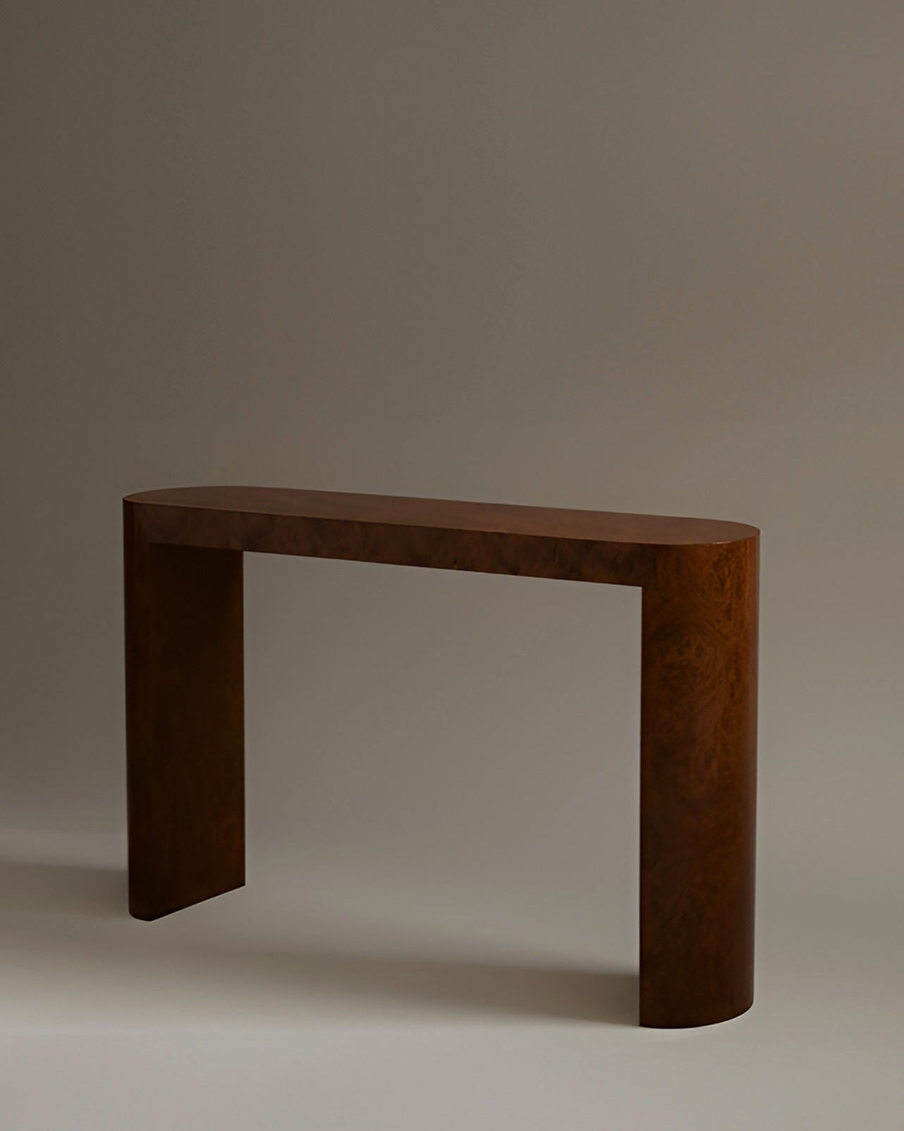 Luna Console Burl Wood — top view of curved burl wood design