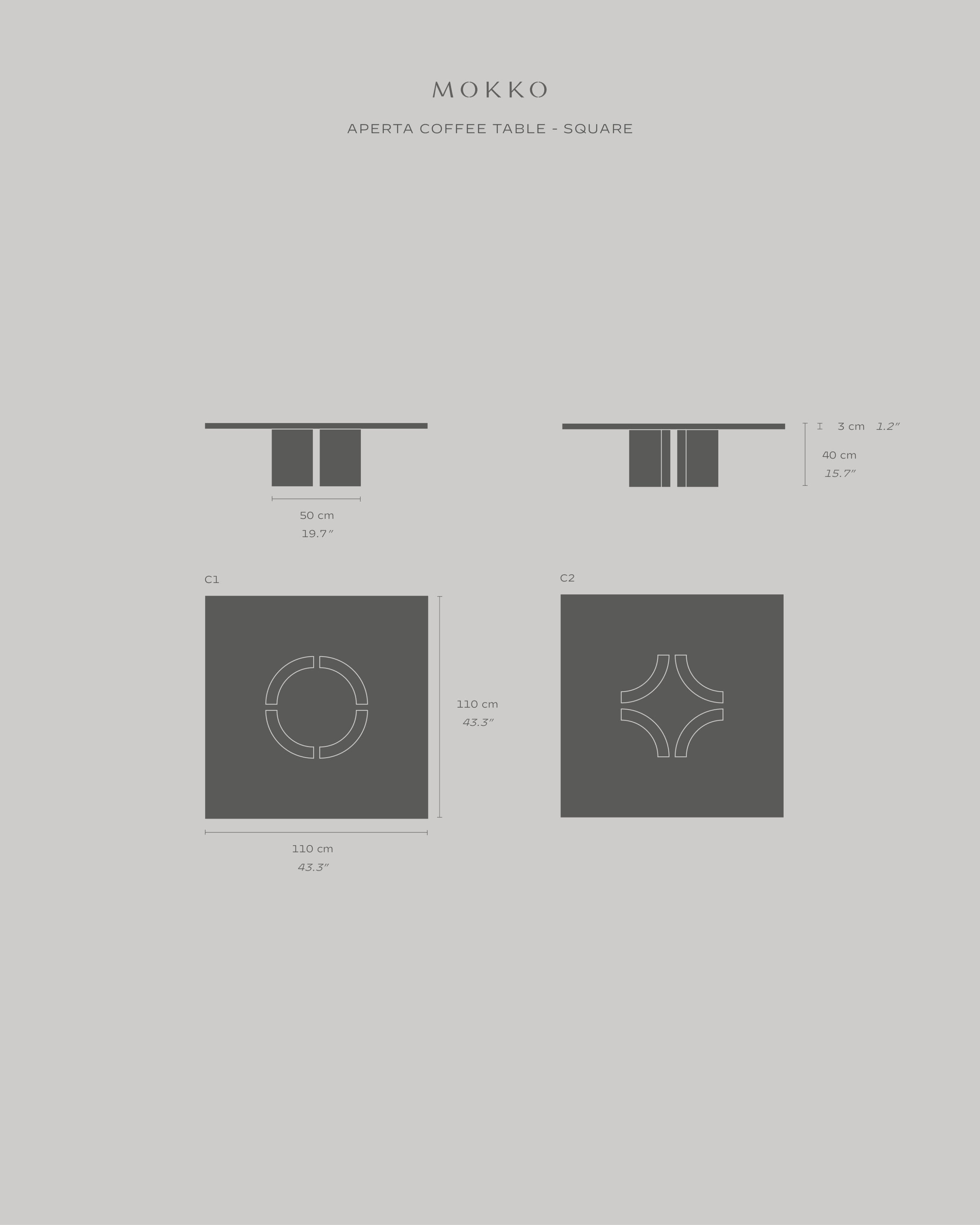 Aperta Square Coffee Table — top view with dimensions and design details