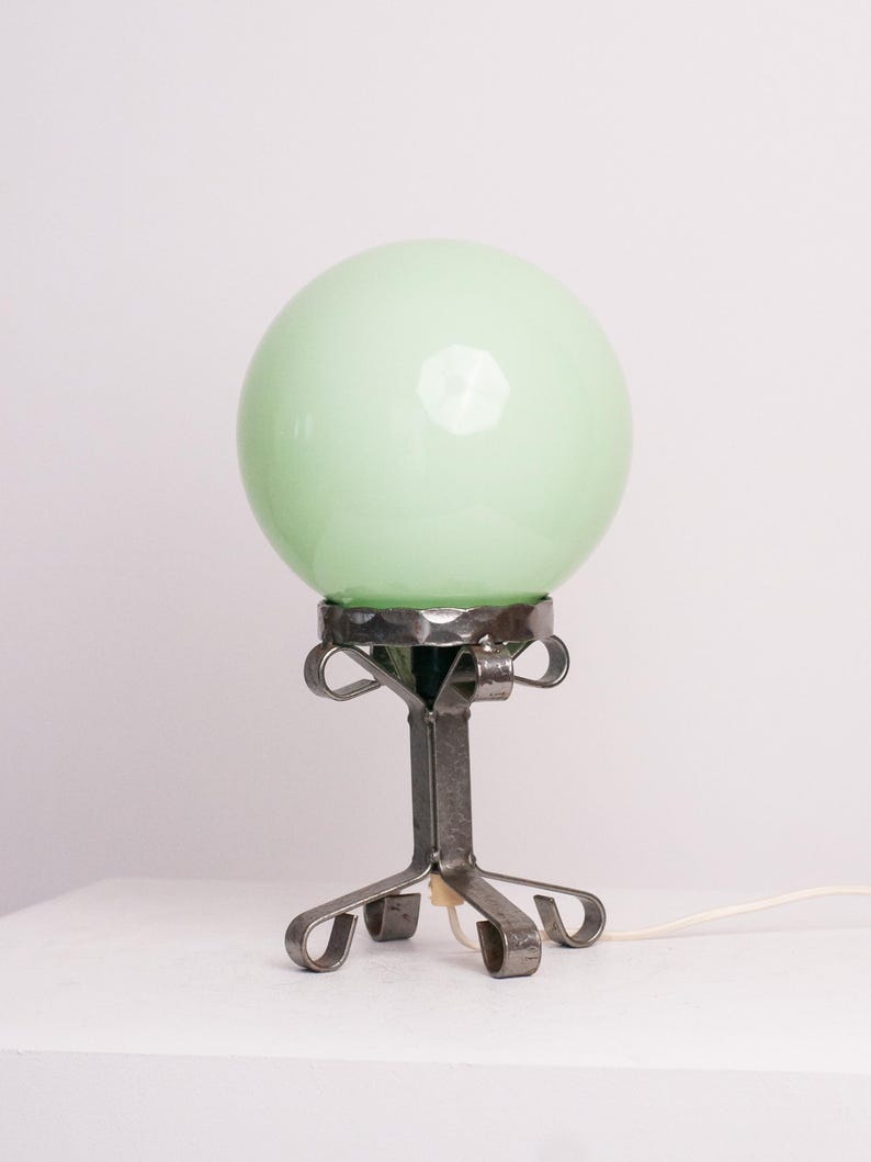 Vintage Mint Green Glass Globe Lamp – Brutalist Iron Pedestal Stand — side angle