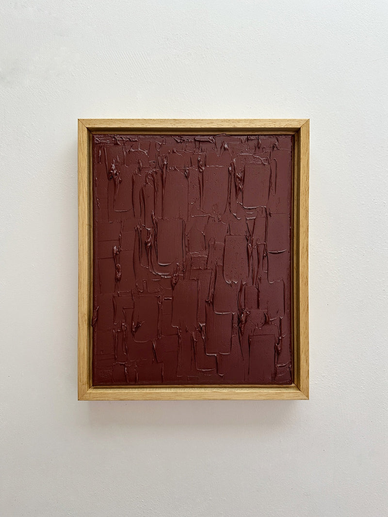 Textured burgundy abstract painting in natural wood frame by Roi Elmaliah