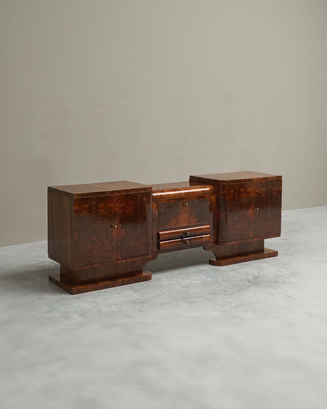 Exceptional De Coene Frères Art Deco Sideboard in Walnut and Burl Walnut Veneer Belgium 1930s by ORNAMENTUM