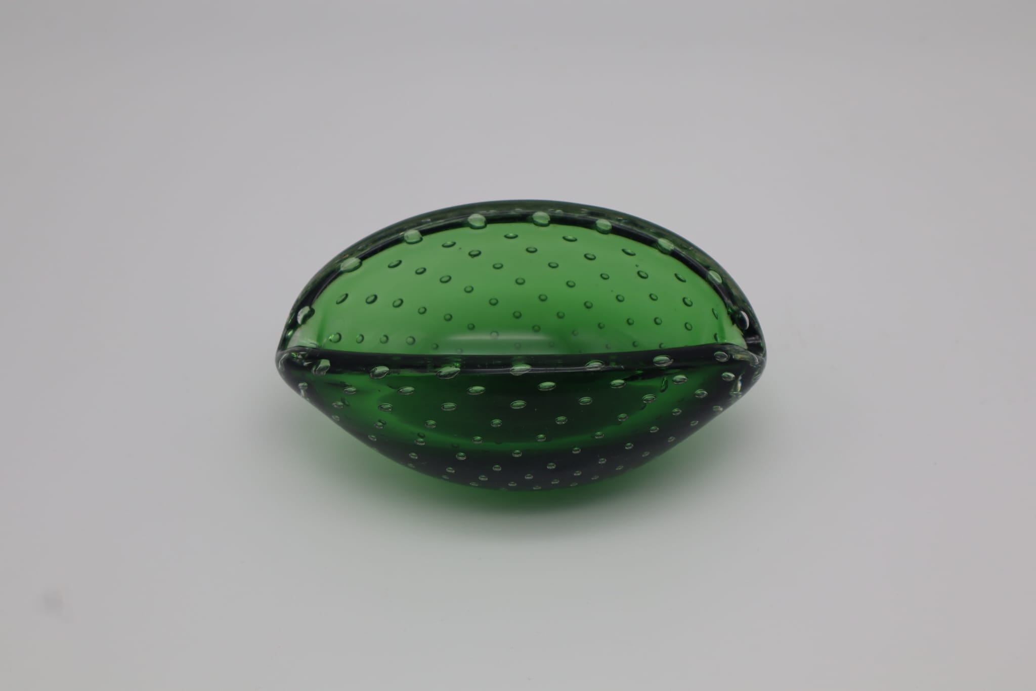 Green Sommerso Murano Glass Ashtray, Italy, 1960s — side angle showing textured green glass surface