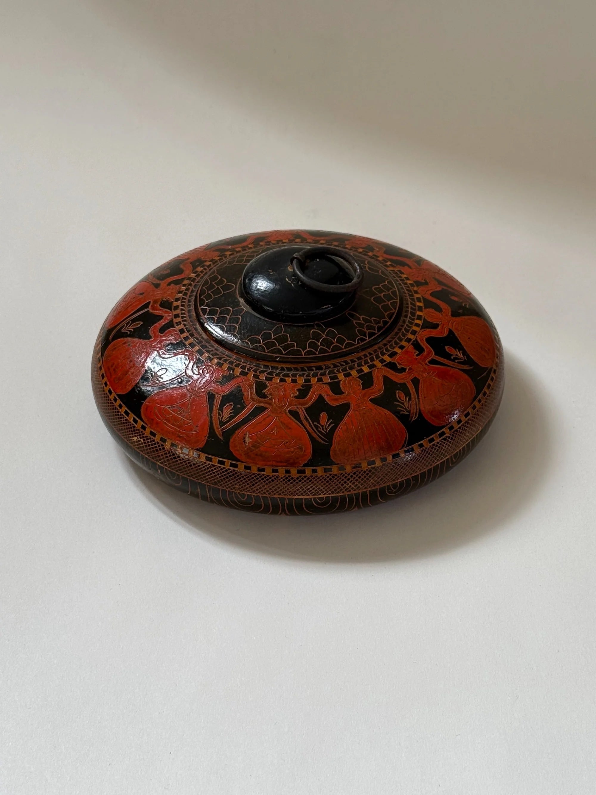 Antique Ottoman Painted Wooden Box — side angle showing intricate red and black design