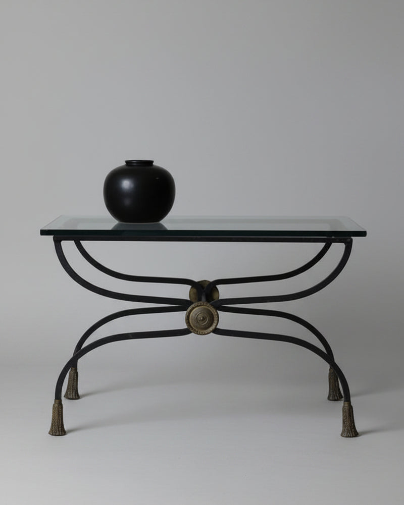 Curved Iron & Glass Coffee Table — side angle