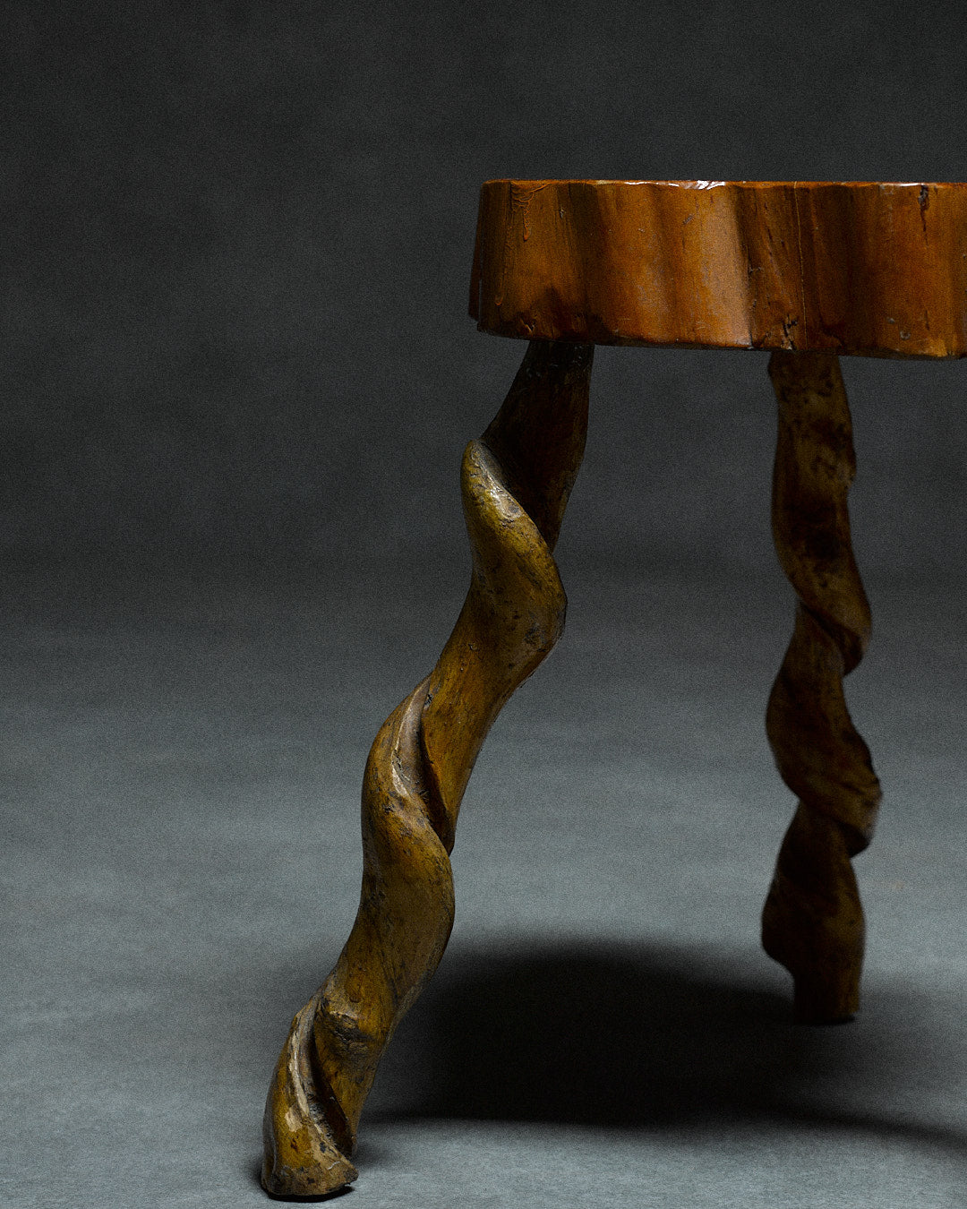 Small Tripod Stool — top view of twisted wooden legs