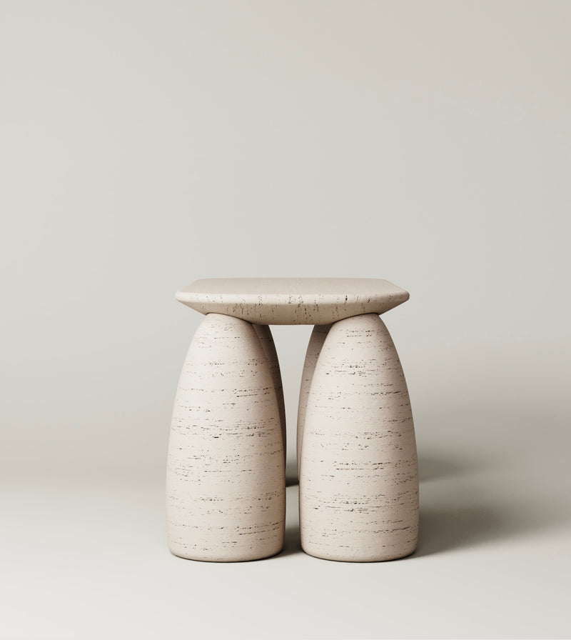 Minimalist travertine desk with cylindrical legs, front view
