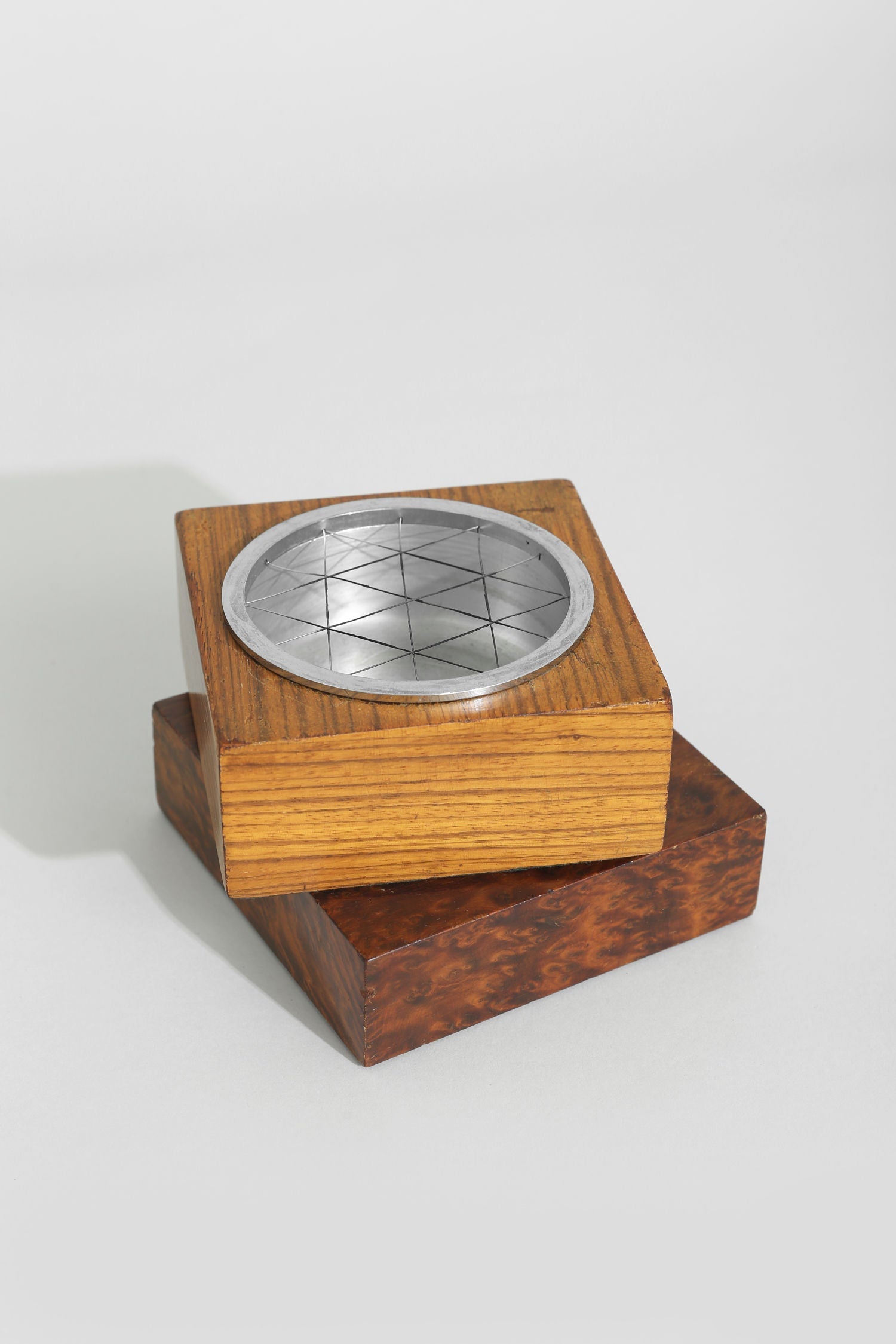 Mid-century wooden ashtray with geometric aluminum insert detail