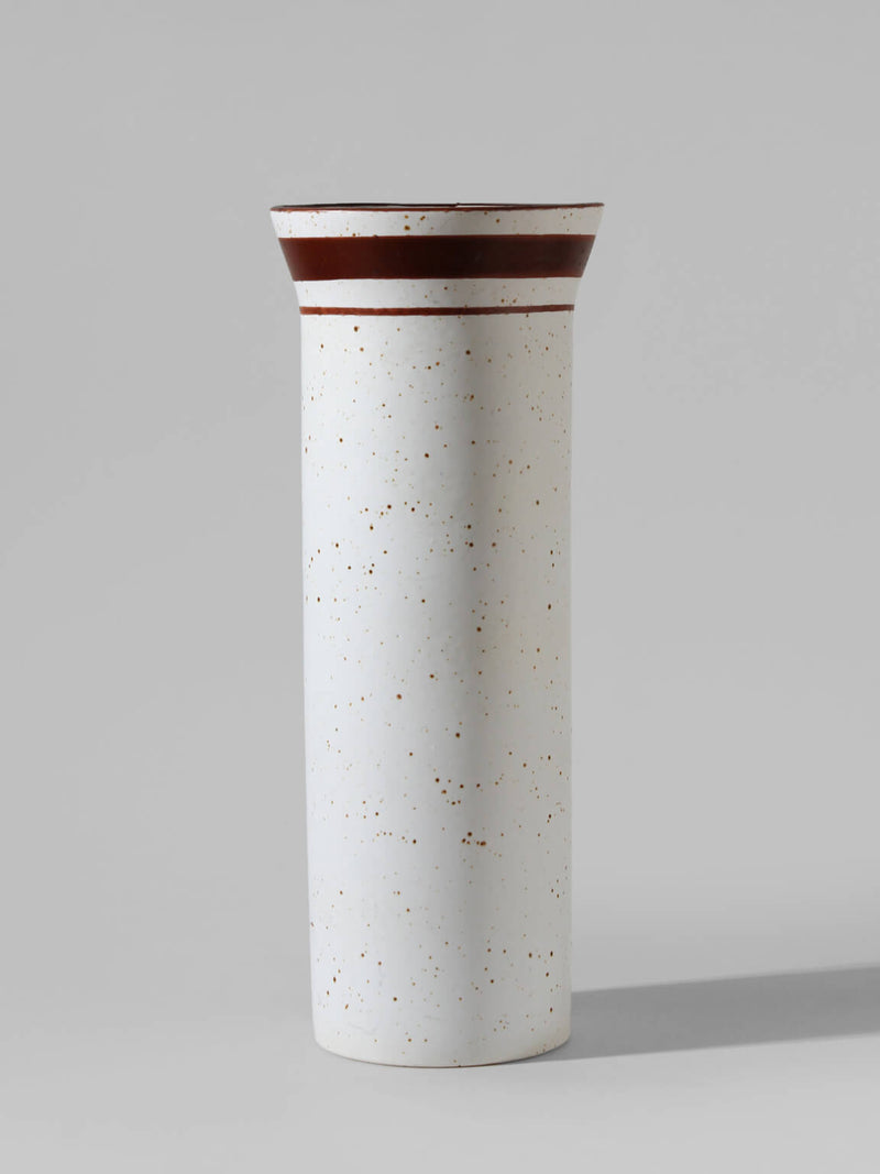 Sven Wejsfelt Handmade Ceramic "Belinda" Vase, For Gustavsberg, 1960s | The Oblist — speckled white ceramic with brown stripe