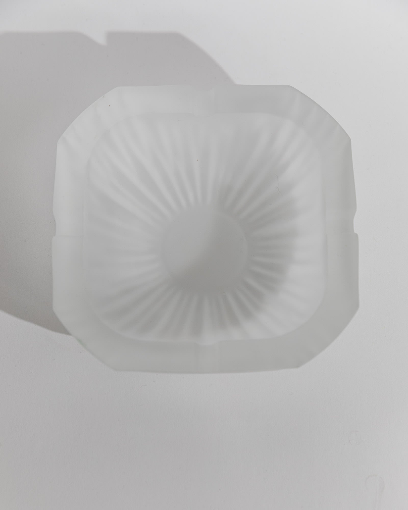 Vintage 1970s Smoking Set, Ashtray and Table Lighter, Frosted Textured Glass, Shell Shape — top view highlighting frosted gla