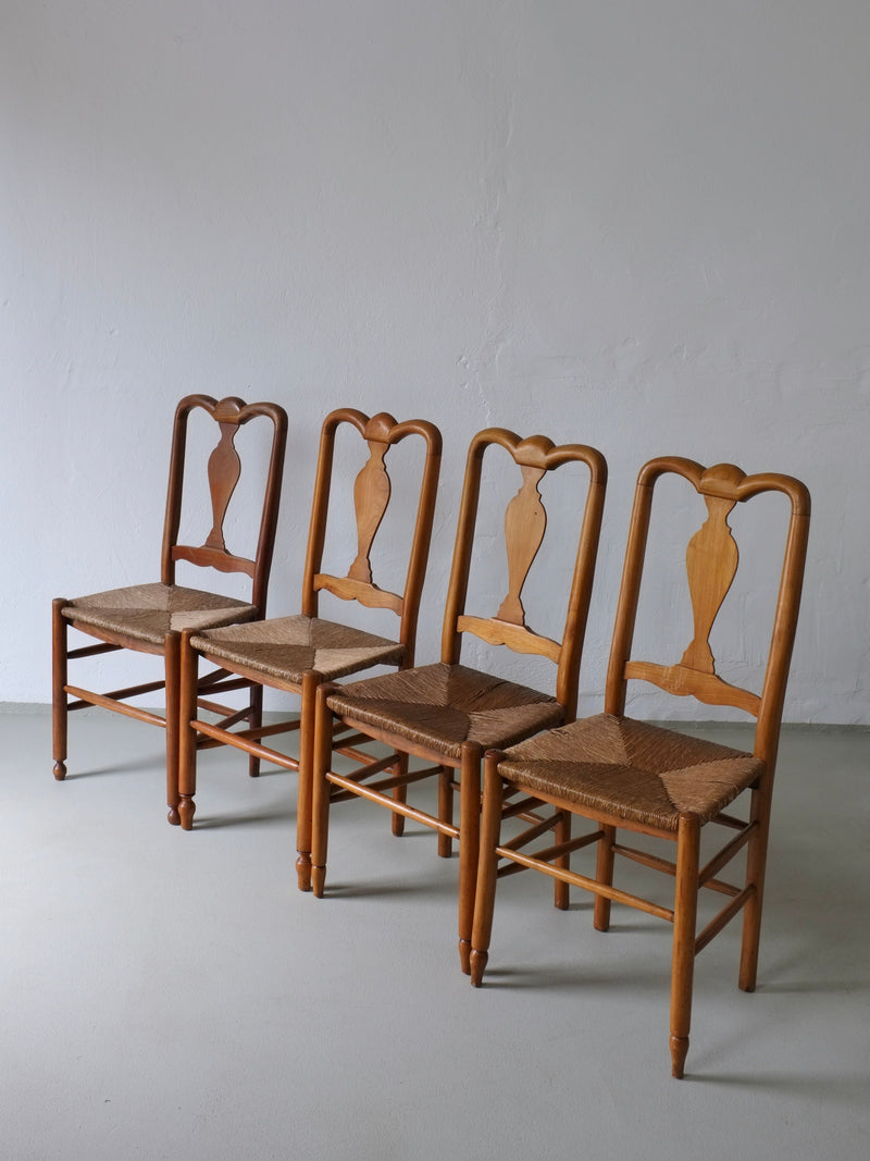 Rustic Rush Seat Chairs, Belgium 1940s — front view of four wooden chairs