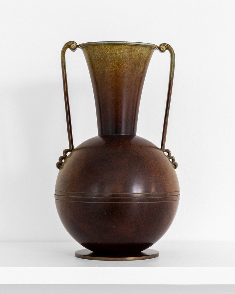 Graceful Art Deco Vase by Ystad-Metall, Sweden, 1930s — close-up of bronze finish and handles