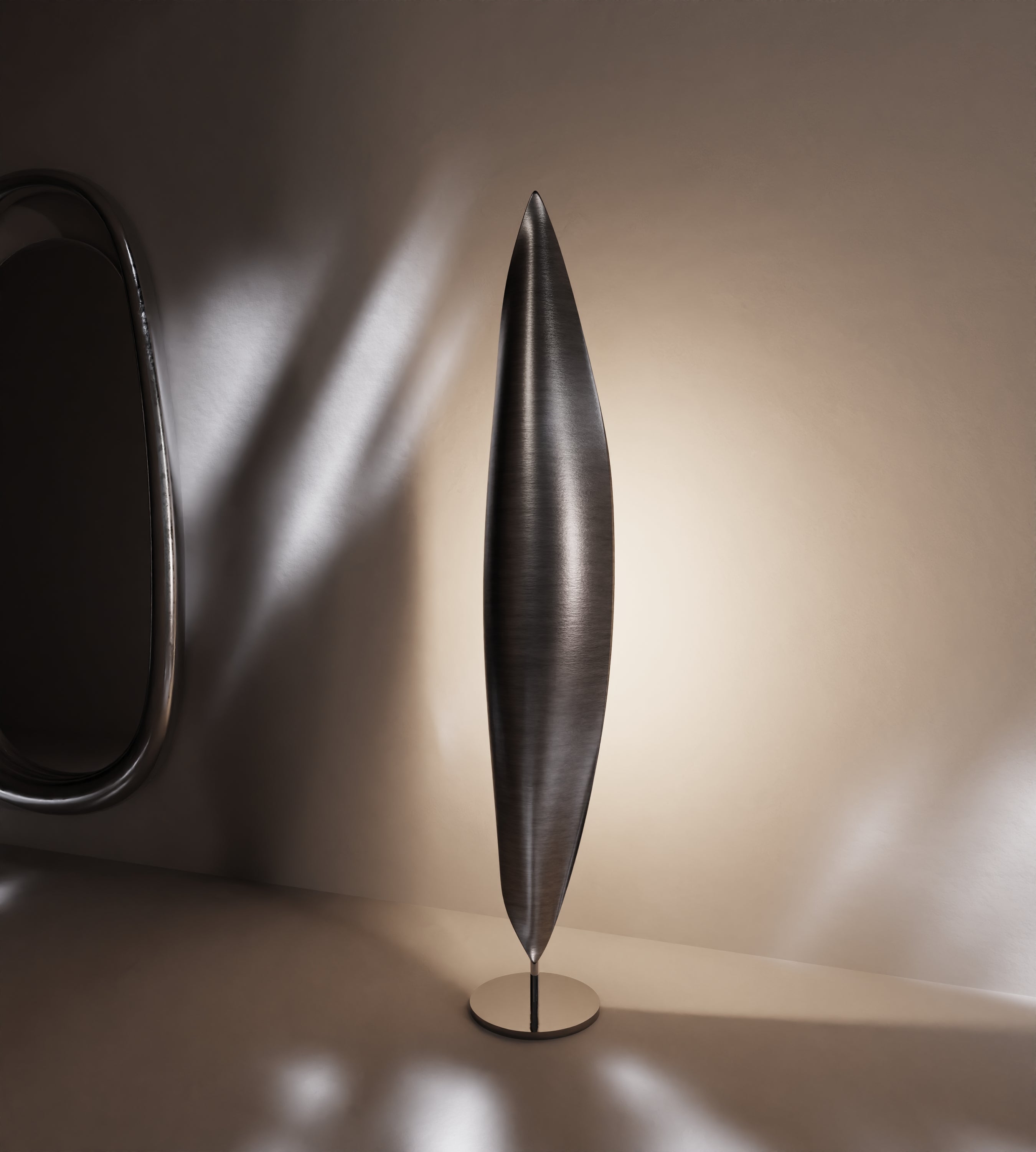 “Plume” Floor Lamp — top view highlighting brushed metal finish