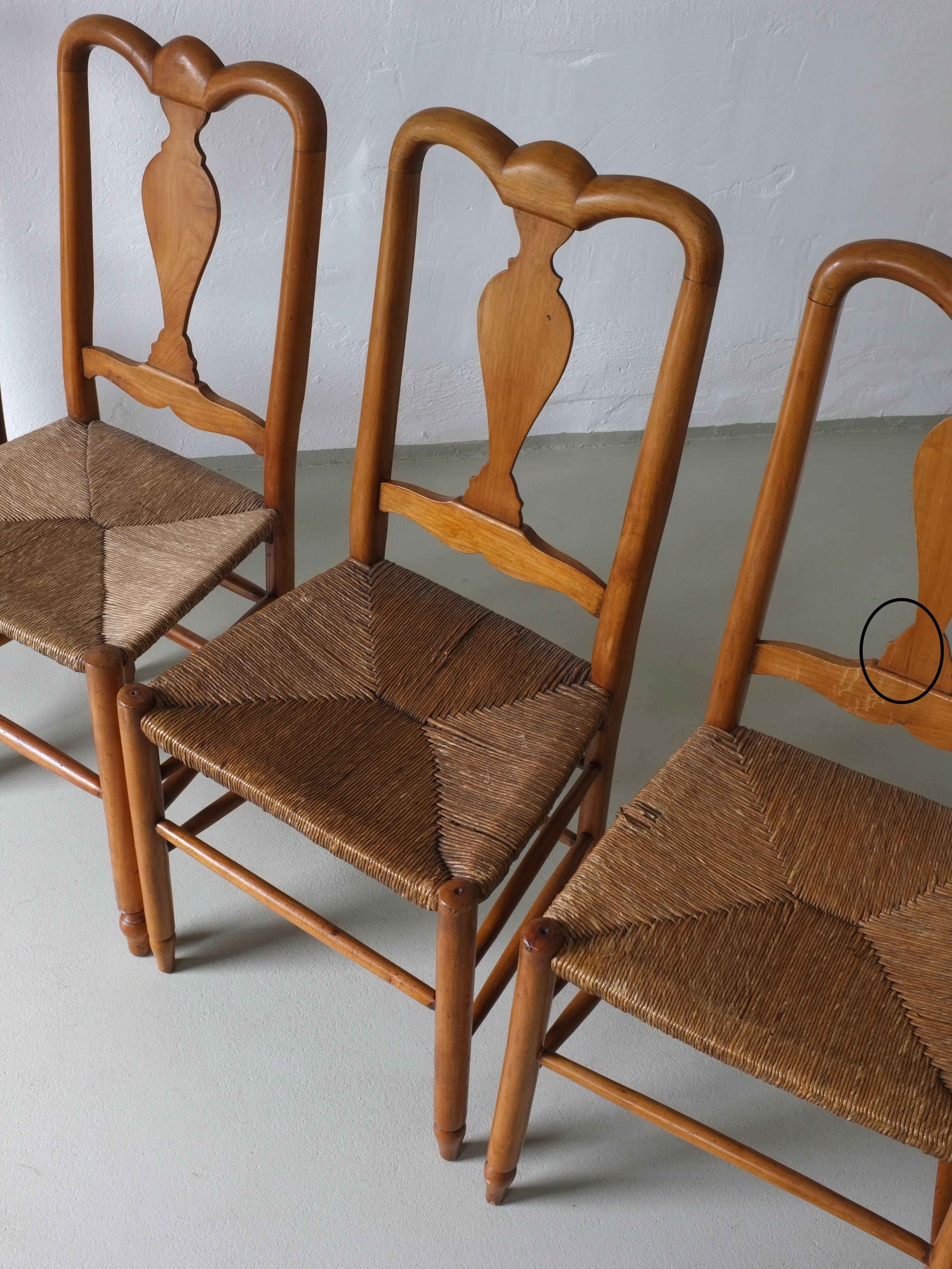 Rustic Rush Seat Chairs, Belgium 1940s — angled view showing woven seats and wooden frames