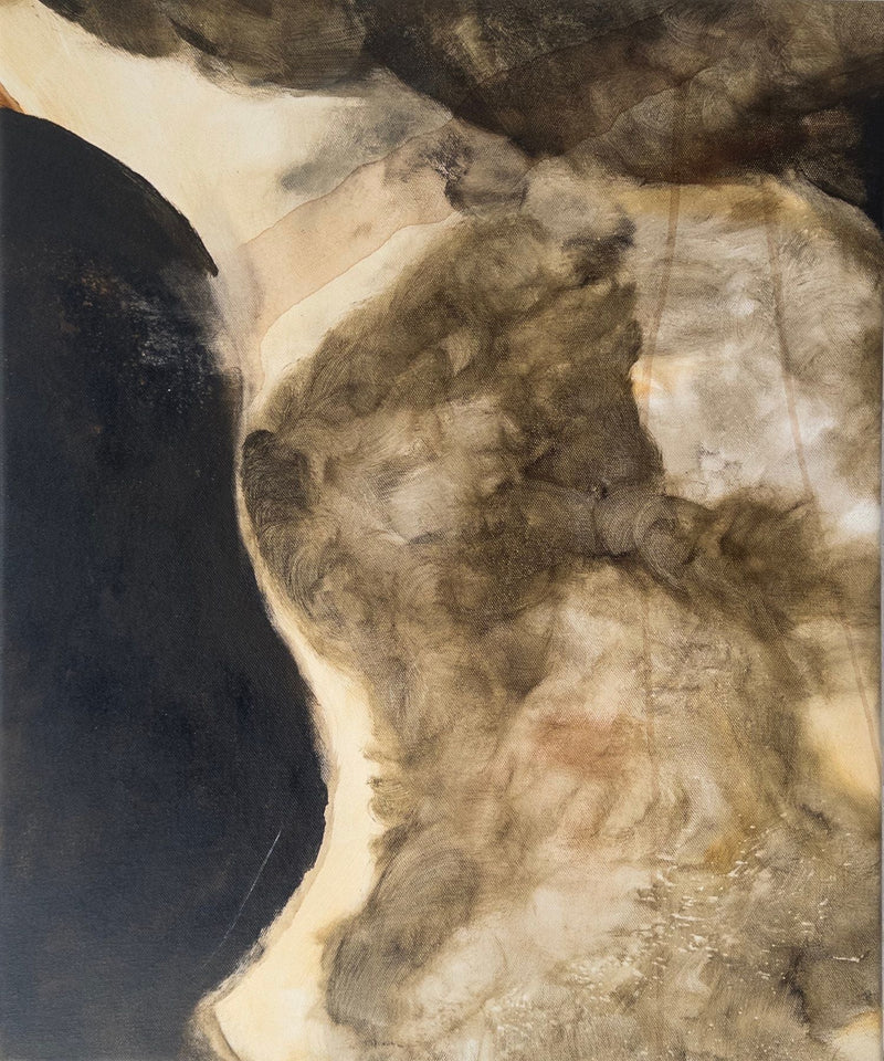 'Nightfall Over Olympia' Mixed Media by Natasha France features swirling dark and light brown tones, soft blended edges, a large black area, and earthy hues on canvas, forming organic shapes and textured patterns.