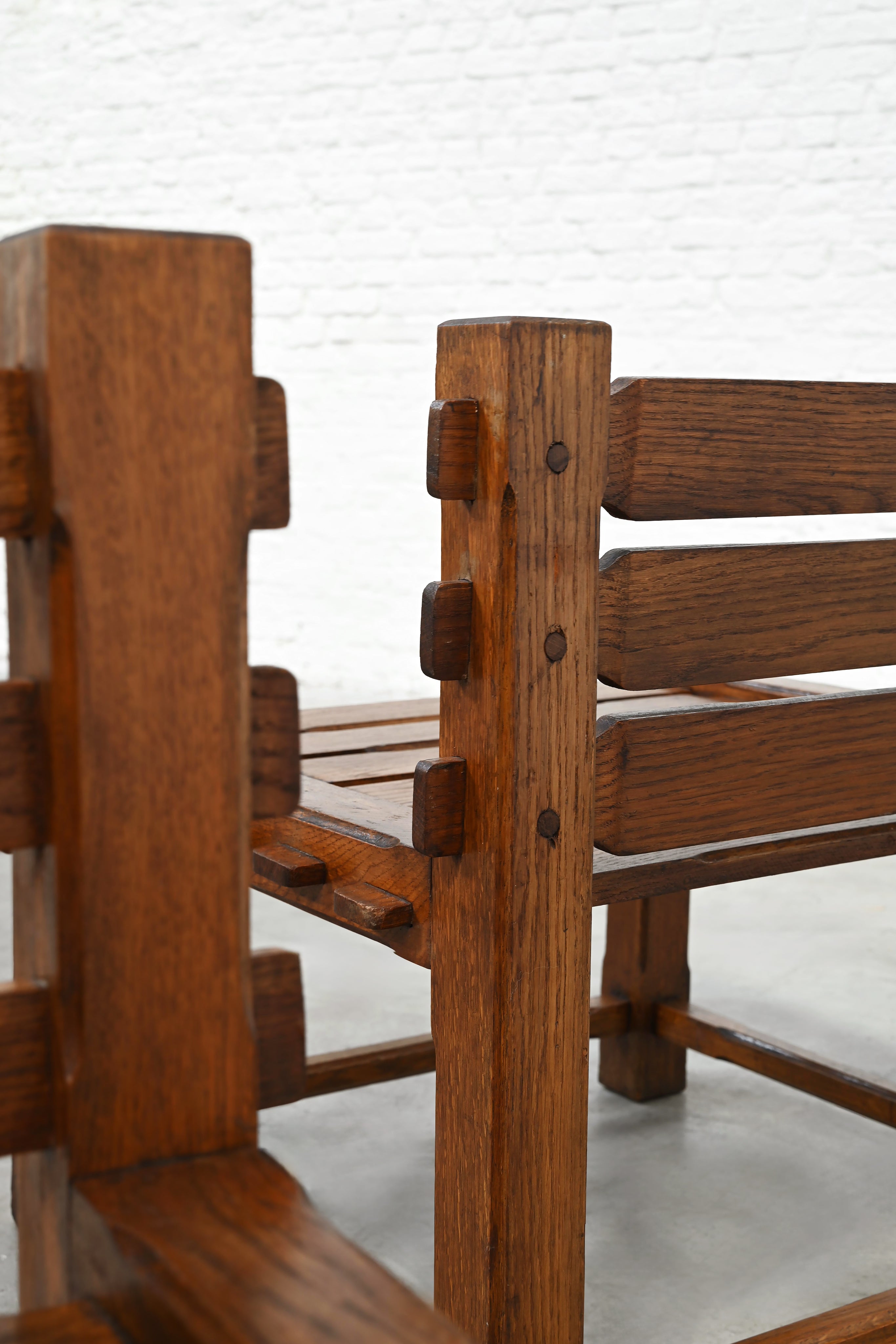 Joinery detail of 1970s brutalist oak chair construction
