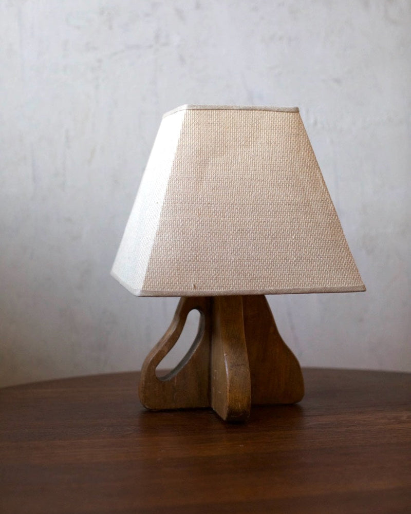 1940's Table Lamp — close-up of beige fabric shade and wooden base