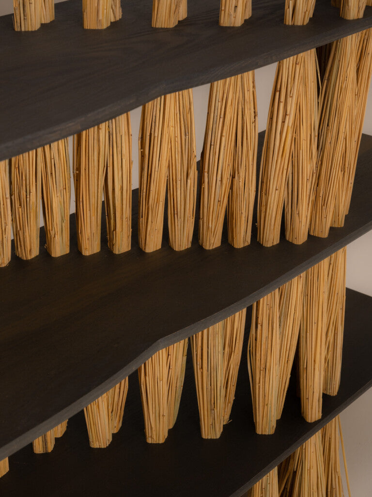 Large Amas Shelf, Stained Oak — close-up of textured wooden legs