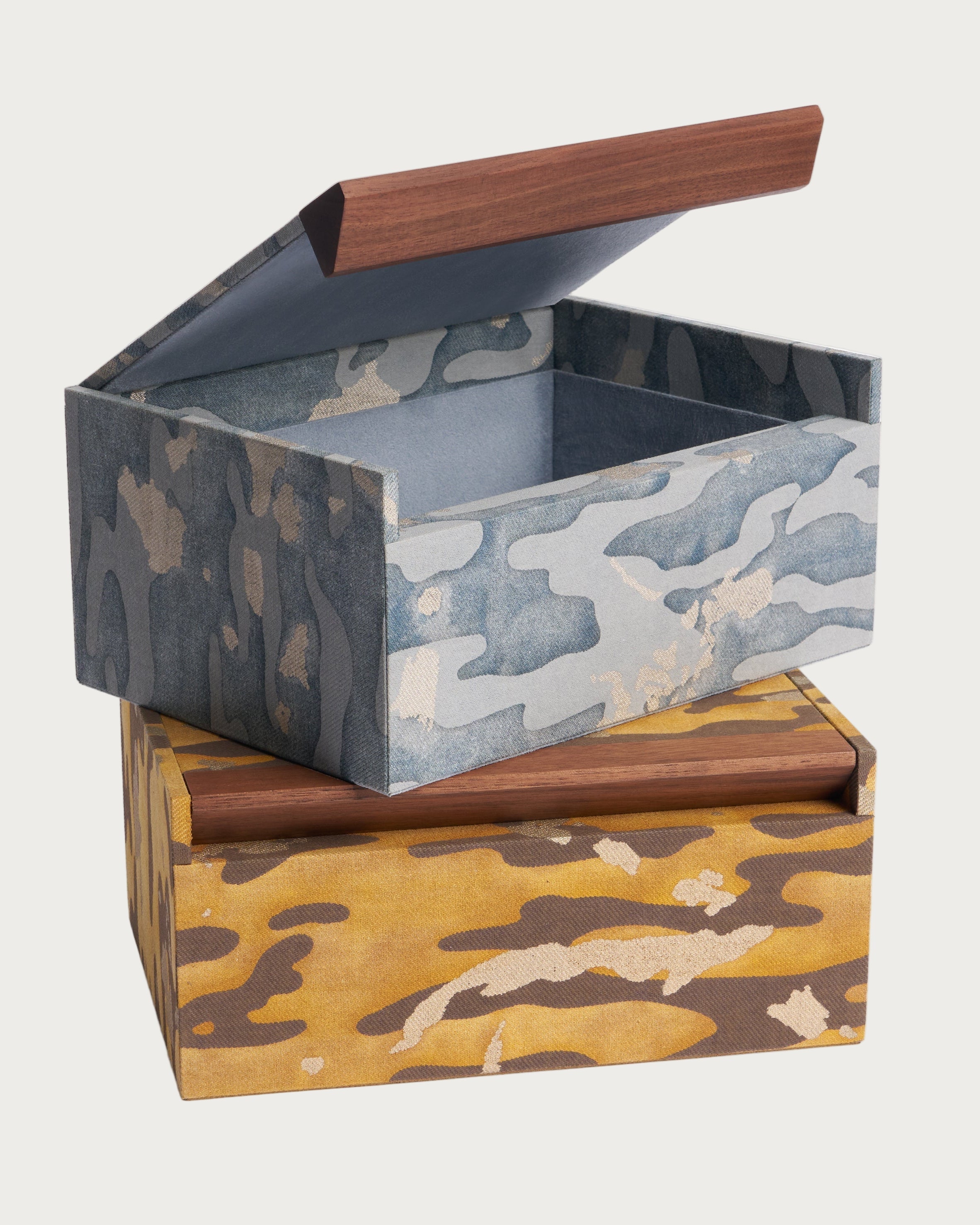 Fortuny Box - Camo Isole/Faded Blue — side view of open box with camo pattern