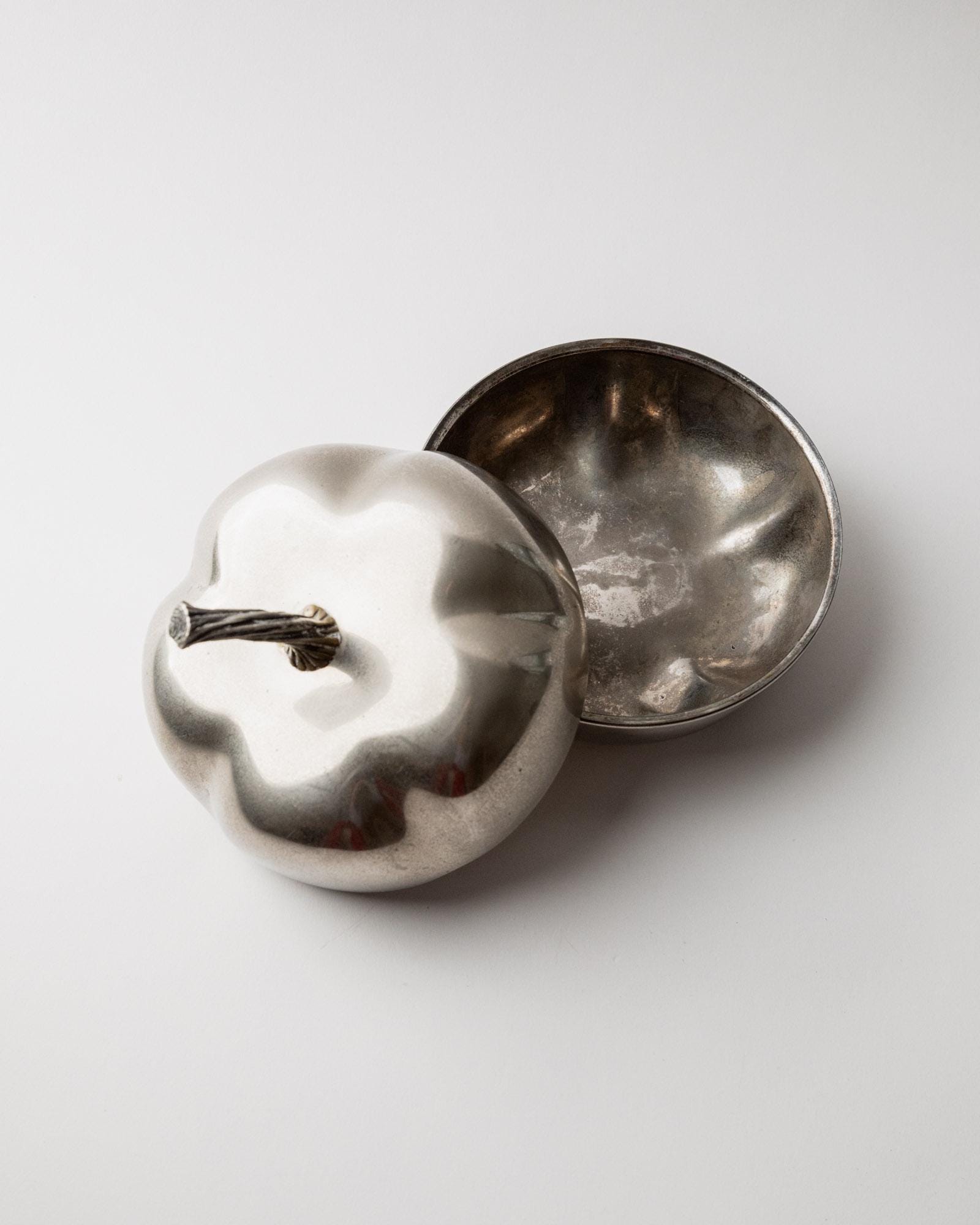1970s Silver Plated Pumpkin Box — top view showing shiny silver interior