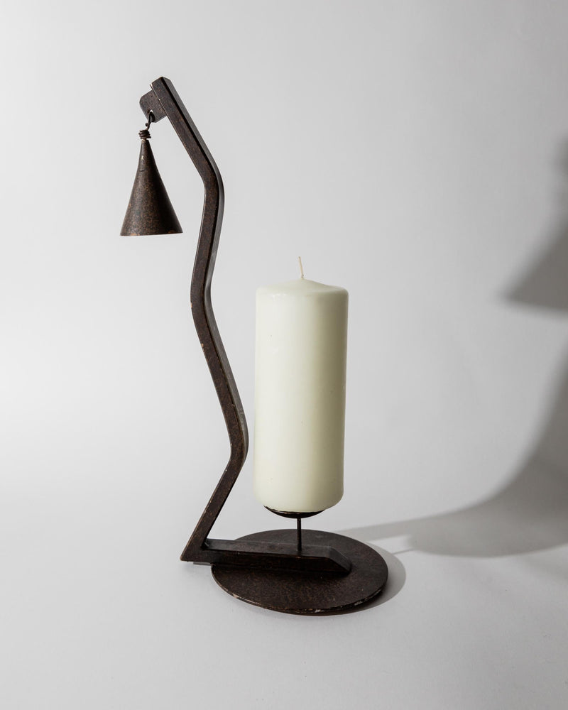 Vintage 1960s Hand forged Iron Candleholder, Zig Zag Design with Removable Candle Snuffer, Sculptural Metal Decor, Table Accent, Gift Idea — detail view