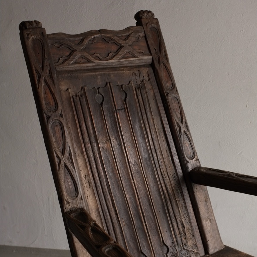 Antique Primitive Carved Oak Arm Chair, Belgium — top view of carved oak backrest