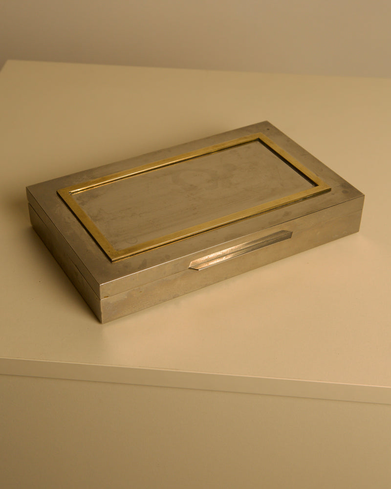 Large Italian metal and brass box with wooden interior, 70s — vintage artisan design