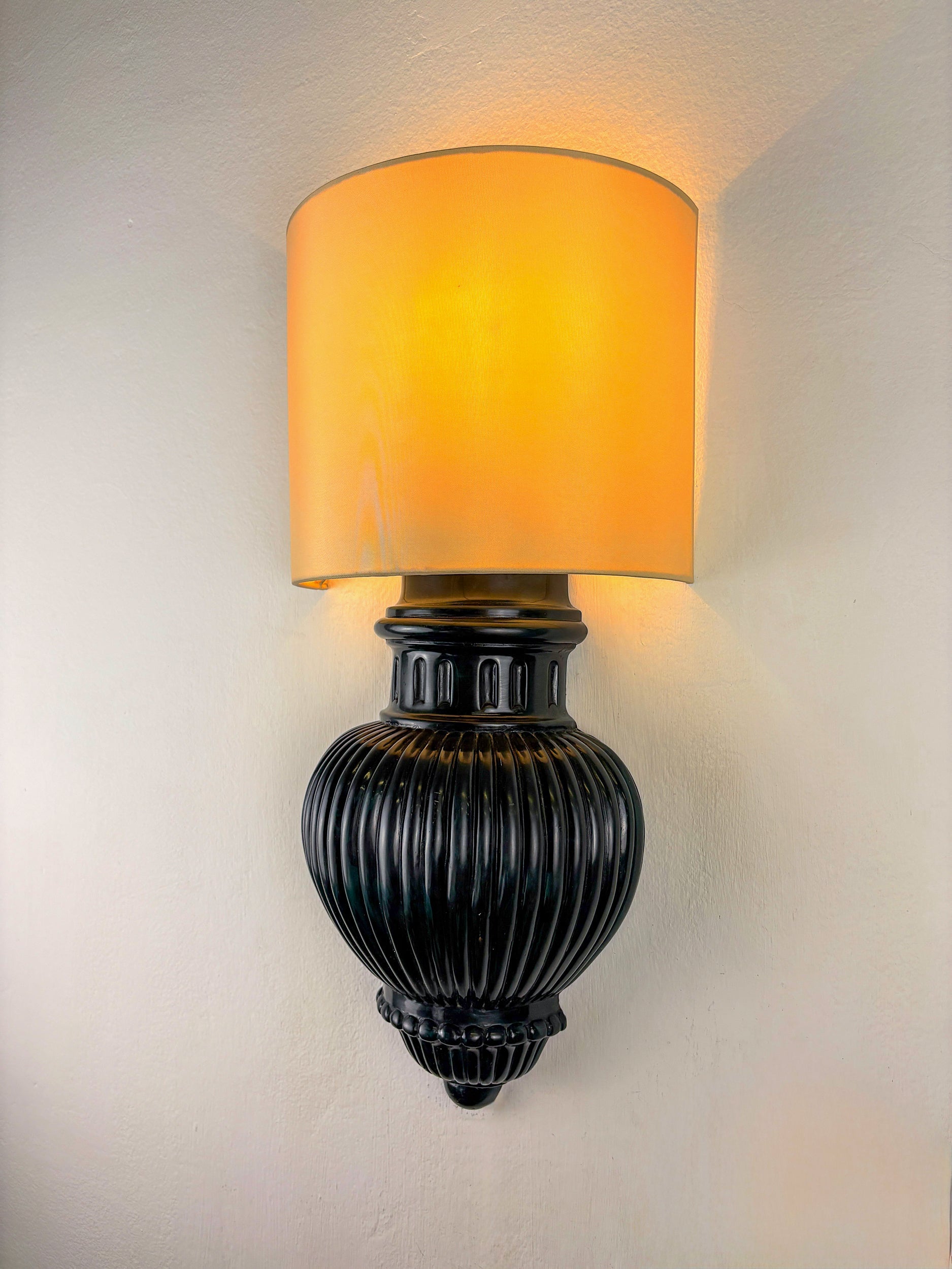 Pair of Art Deco Wall Lights with Shades in Glazed Cast Ceramic, Italy, 1970s — close-up