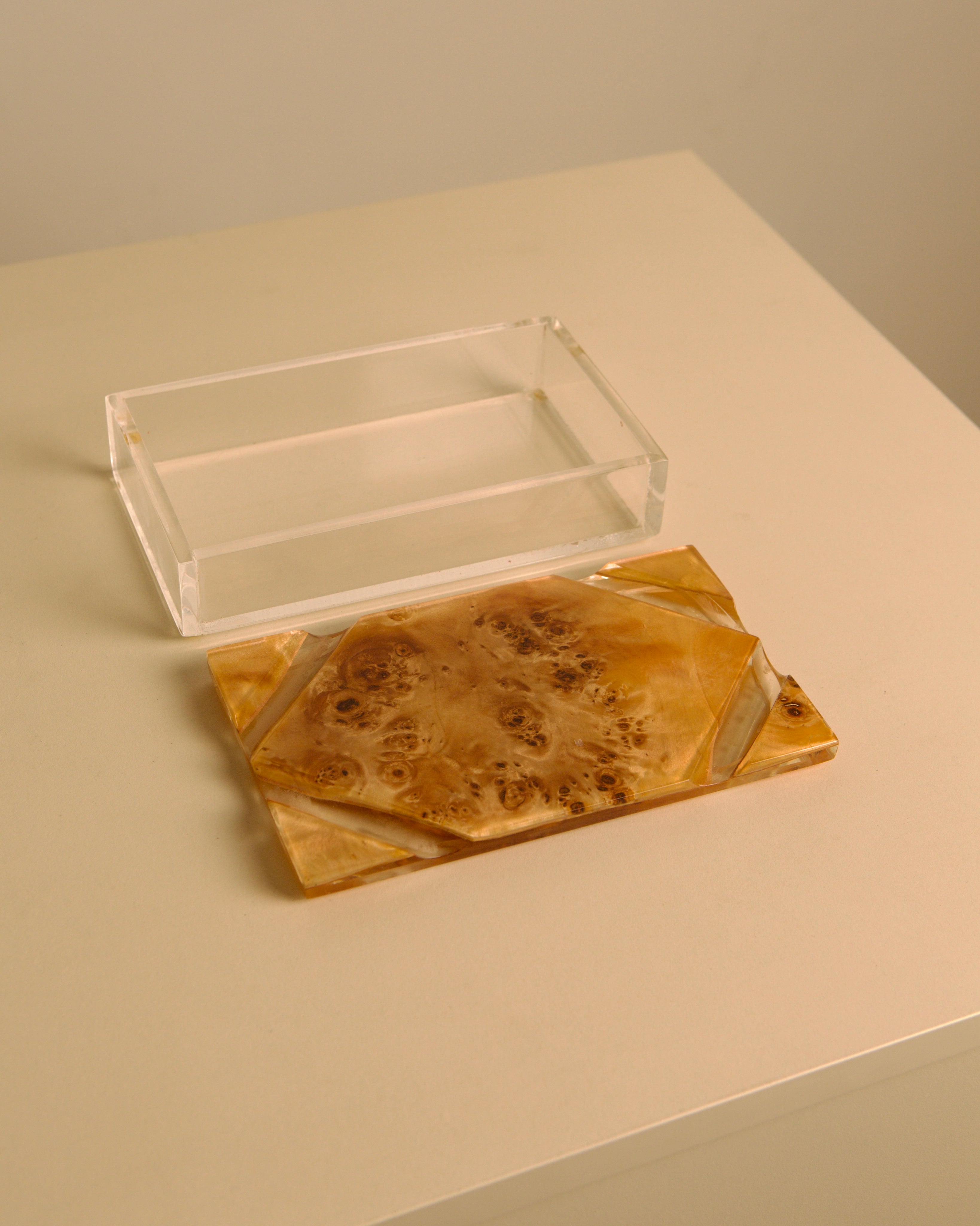 Italian plexiglass box with amber burl wood lid, 1970s — side angle