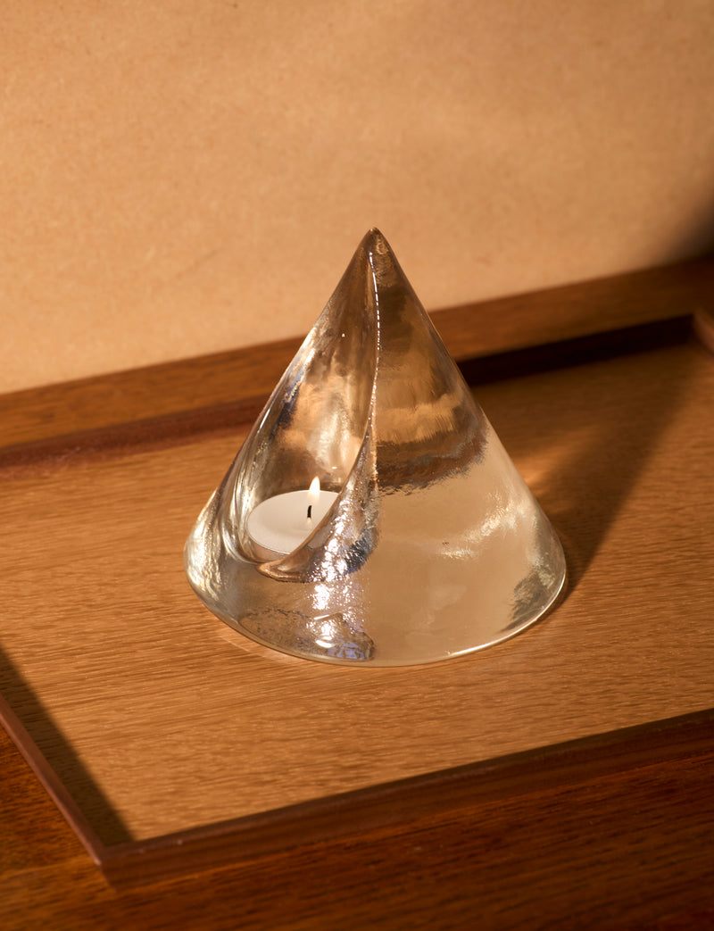 Clear glass pyramid candle holder in European glass  — side angle