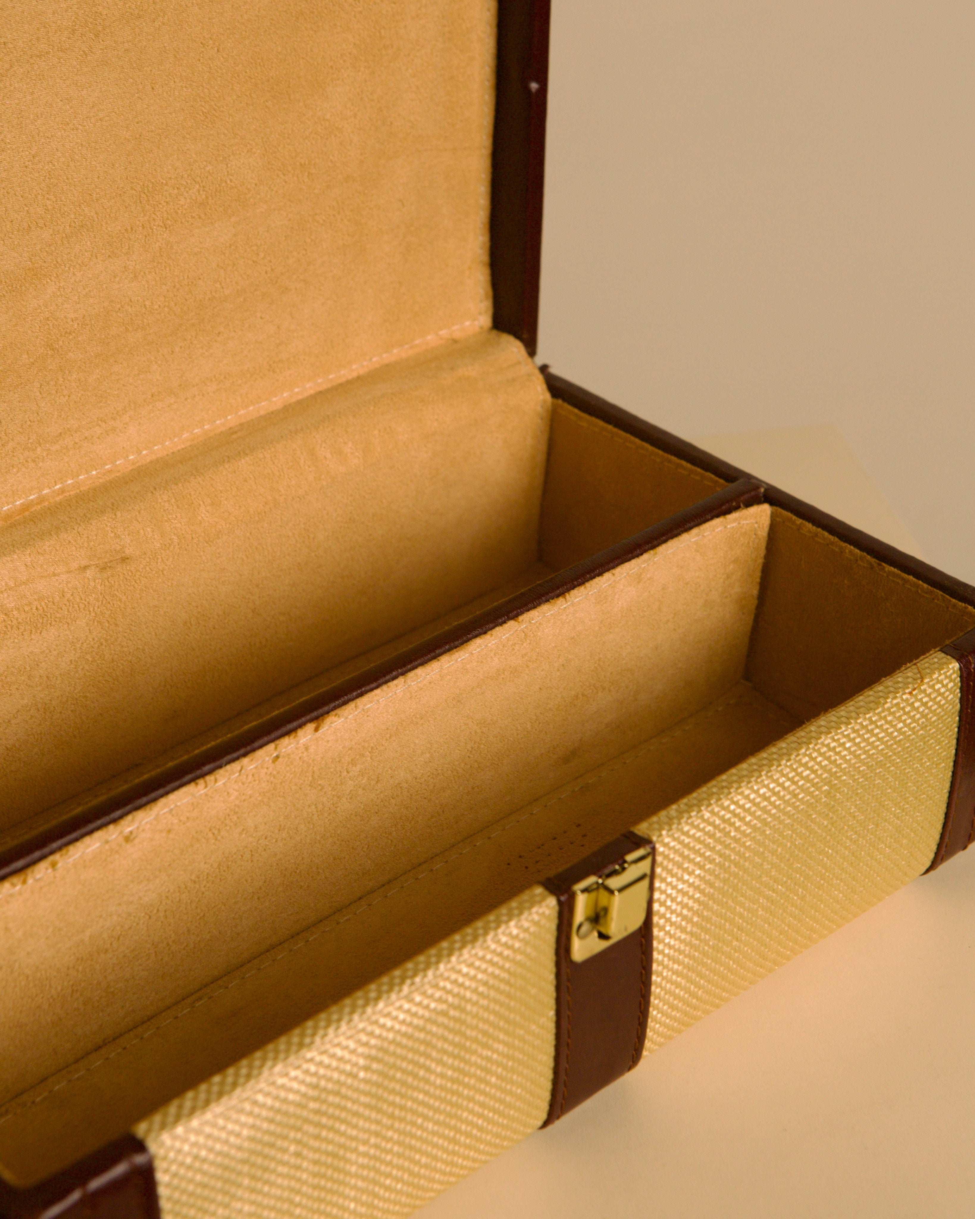 Woven-fabric and leather trunk box, Italy, 1960s — lifestyle setting