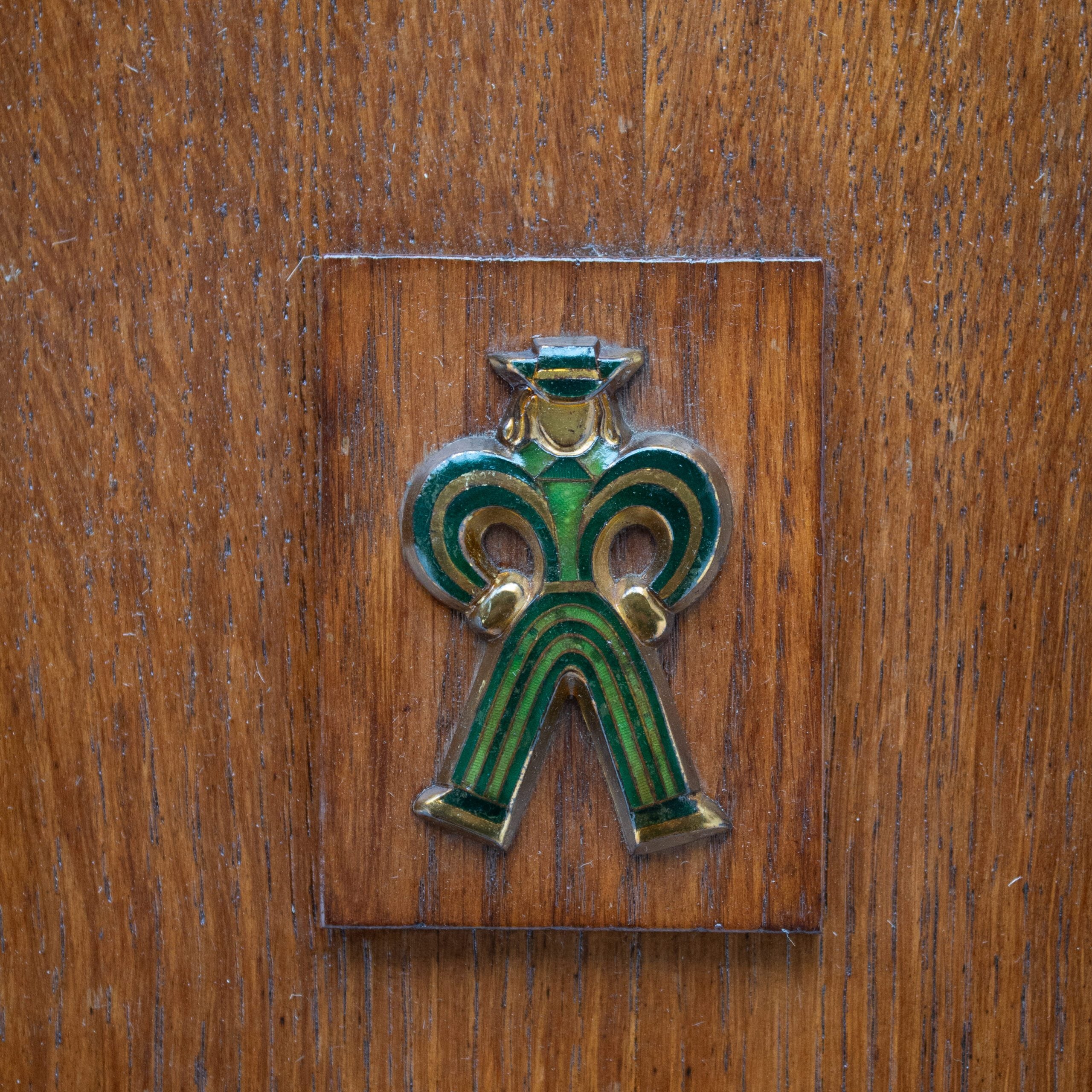 Mid-Century Oak Cabinet with Brass Handles and Decorative Inlays — view 10