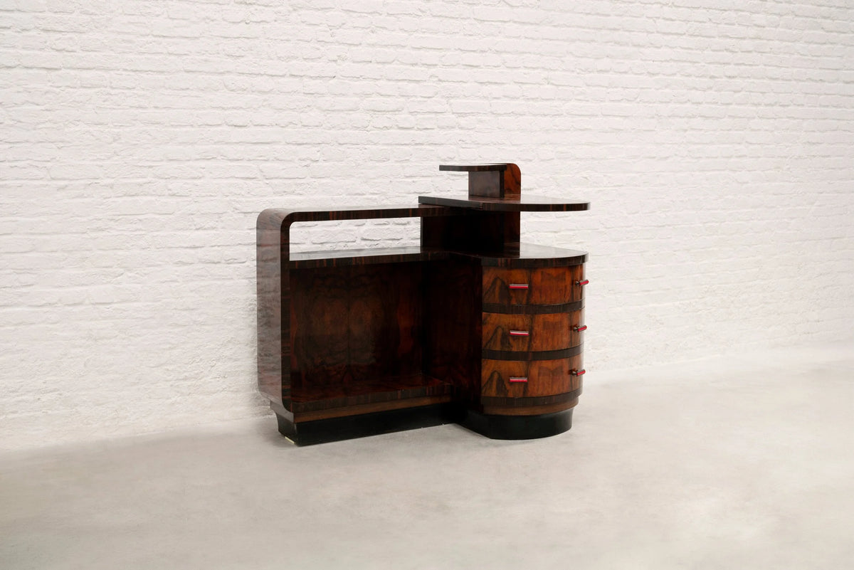 Italian Rationalist Walnut Sideboard with Red Bakelite Handles, circa 1930 — detail view