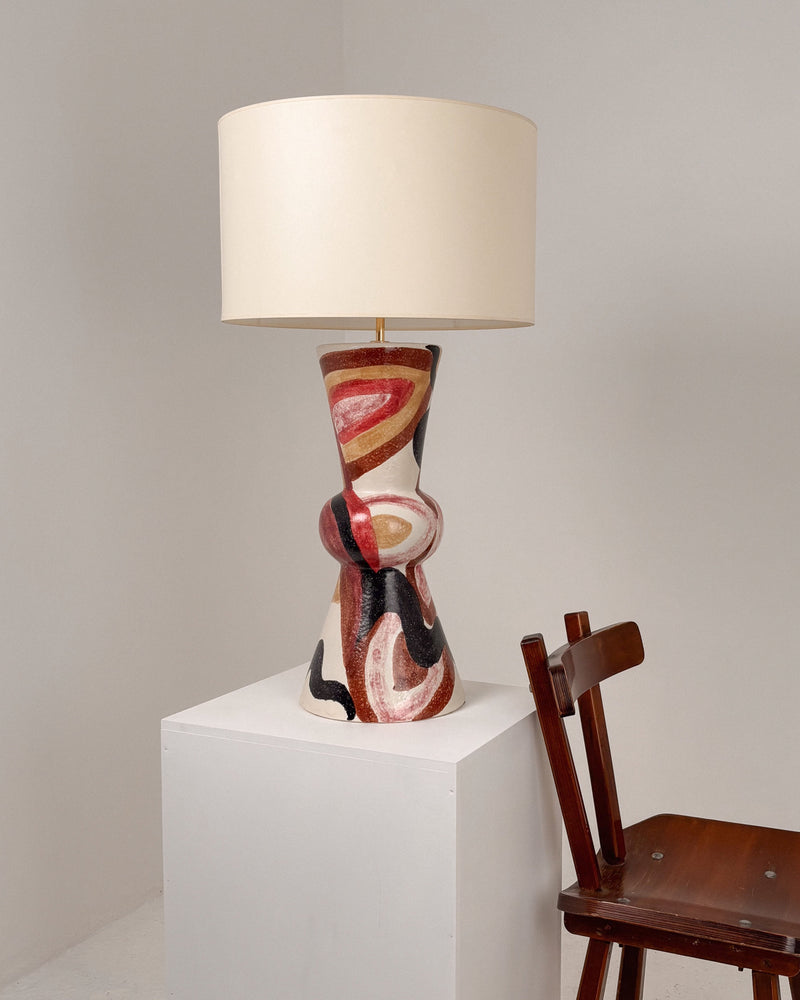 Large ceramic table lamp with abstract swirl patterns, signed HO 1960s