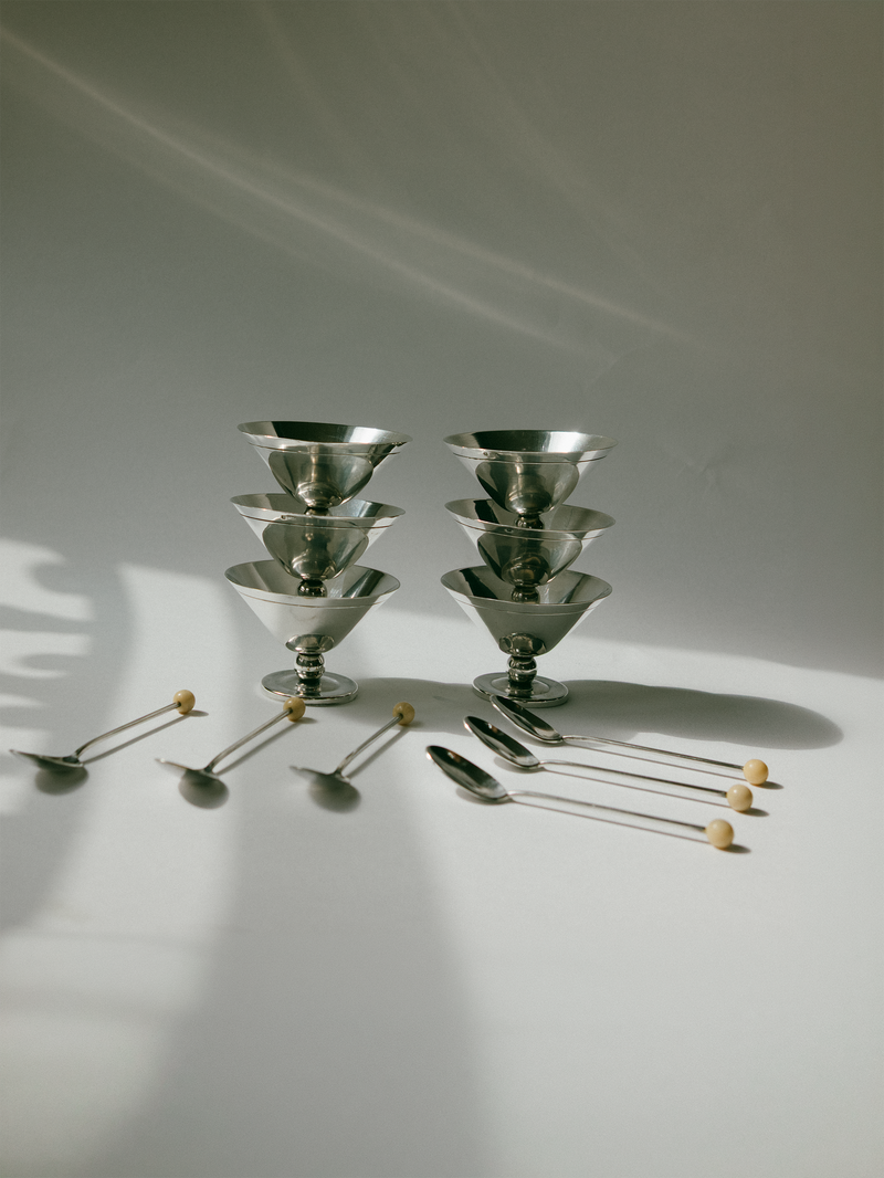 Set of 6 Art Deco Silver-Plated Ice Coupes with Beaded Spoons, France, c. 1930s by Trove Paris | The Oblist