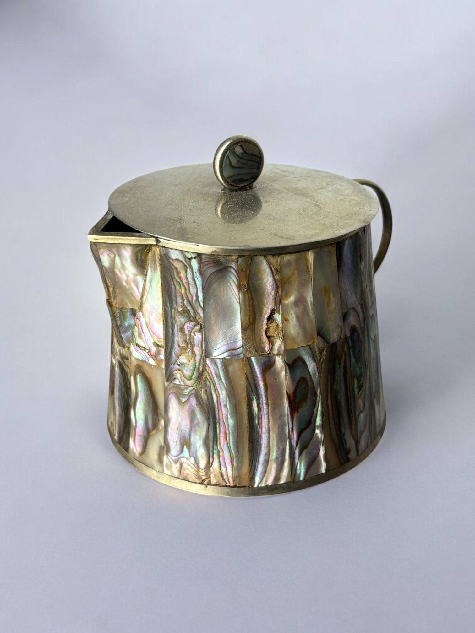 Abalone shell & Alpaca Jar, Mexico, 1970s — side angle showing iridescent shell detail