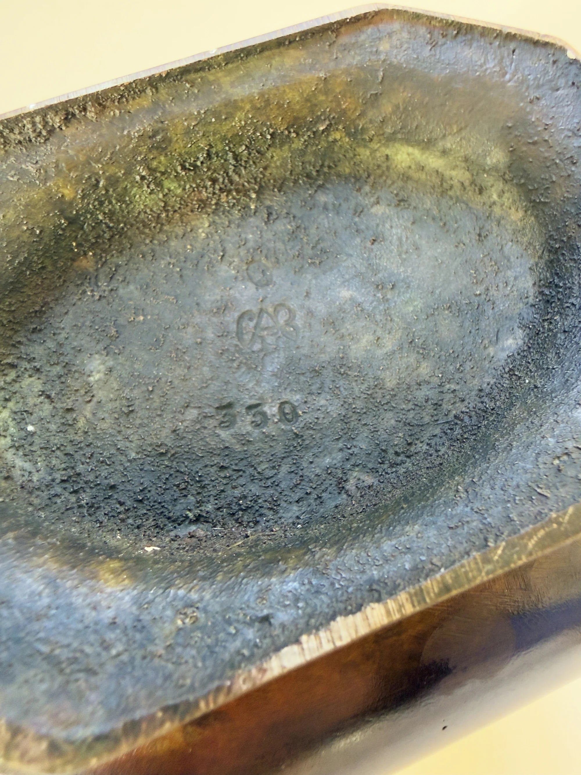 Art Deco Bronze Vase by GAB, Sweden, 1920s–30s — underside view showing maker's mark and patina