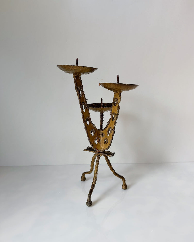 Vintage brutalist torched metal candleholder with three arms Poland