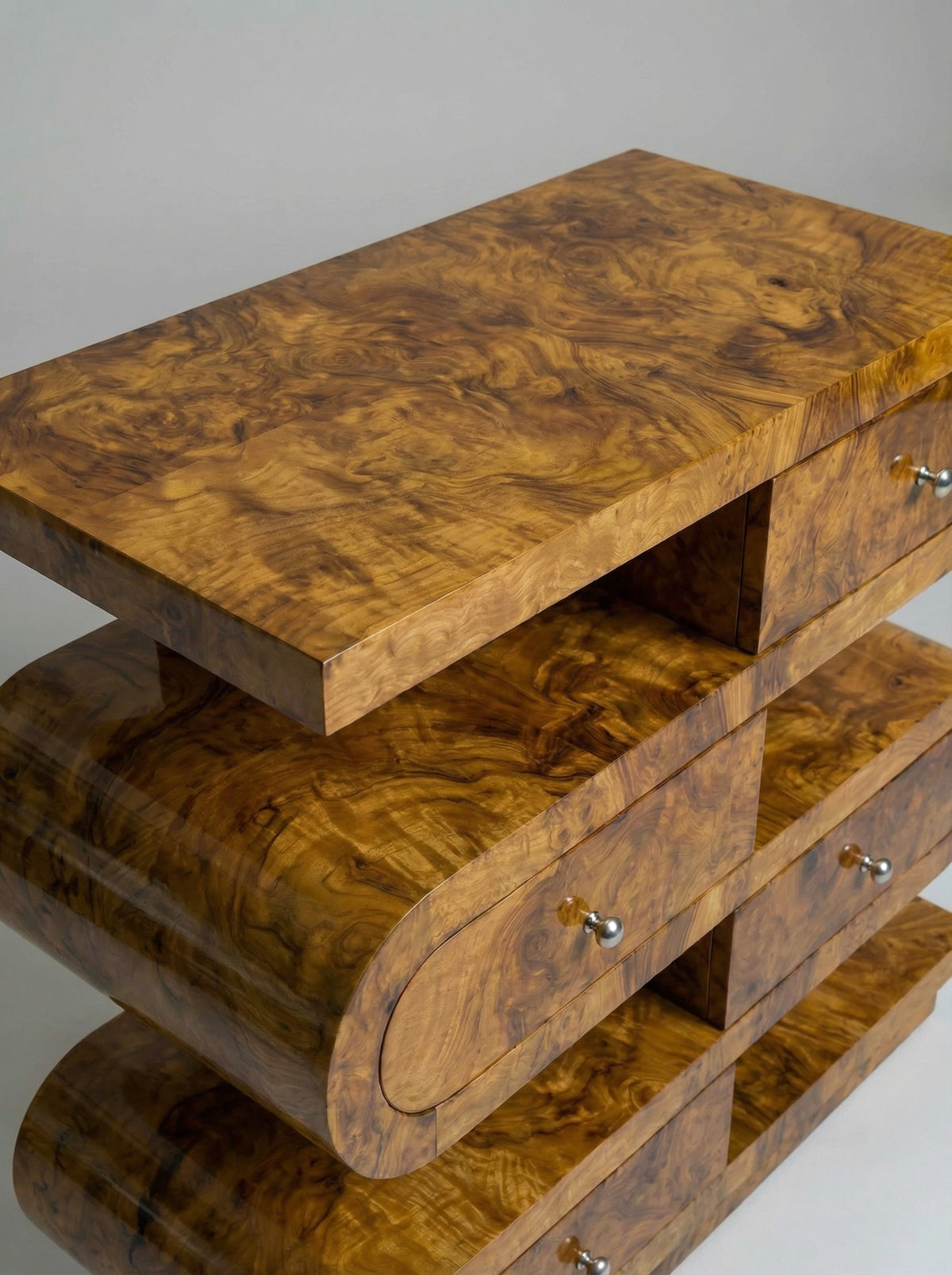 'Hebi Drawers' Olive Burl Wood Console — side angle
