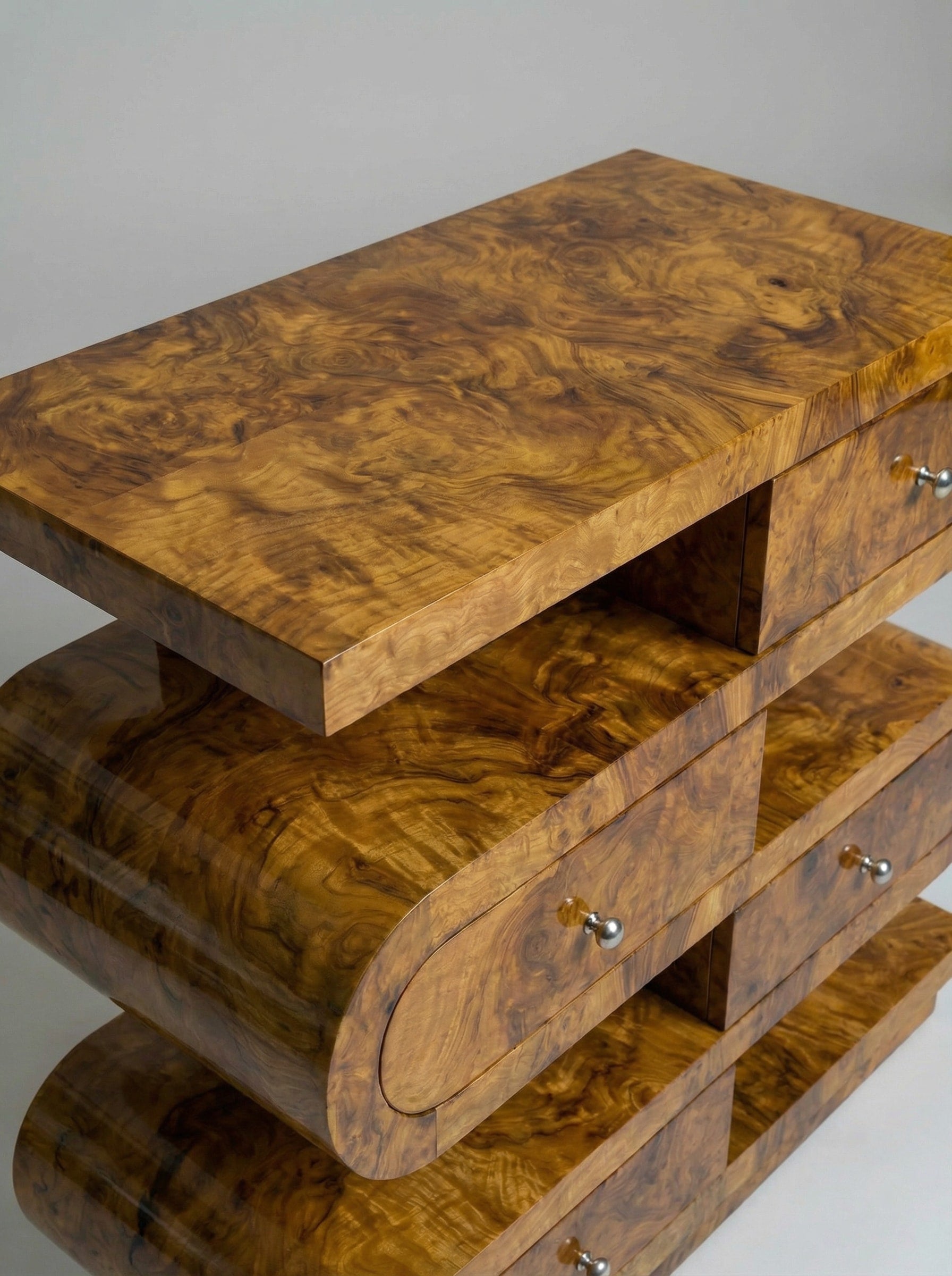 Hebi Drawers' Olive Burl Wood Console — top view highlighting wood grain texture