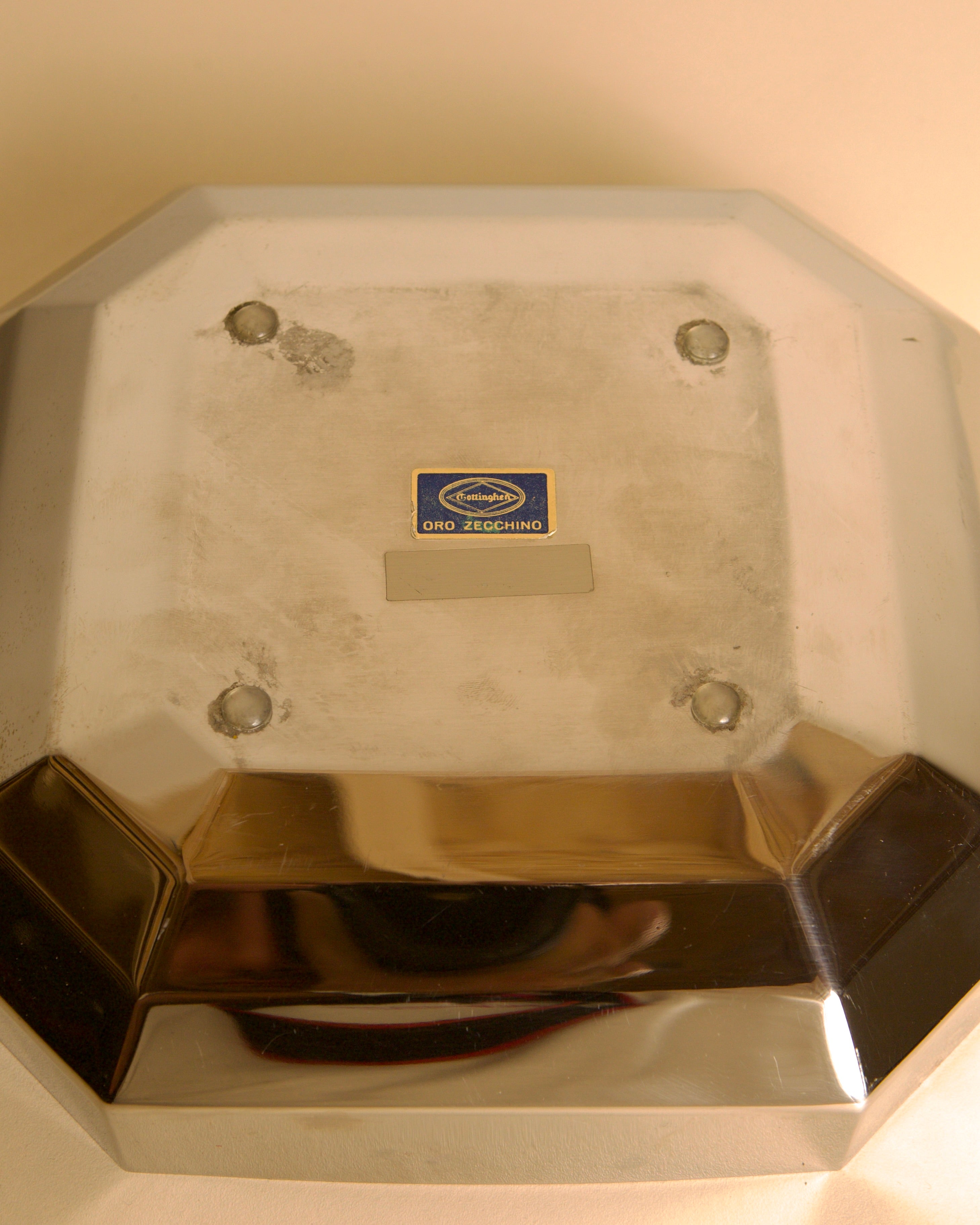 Large Italian silver and gold stainless steel trinket tray from the 80s — alternate view